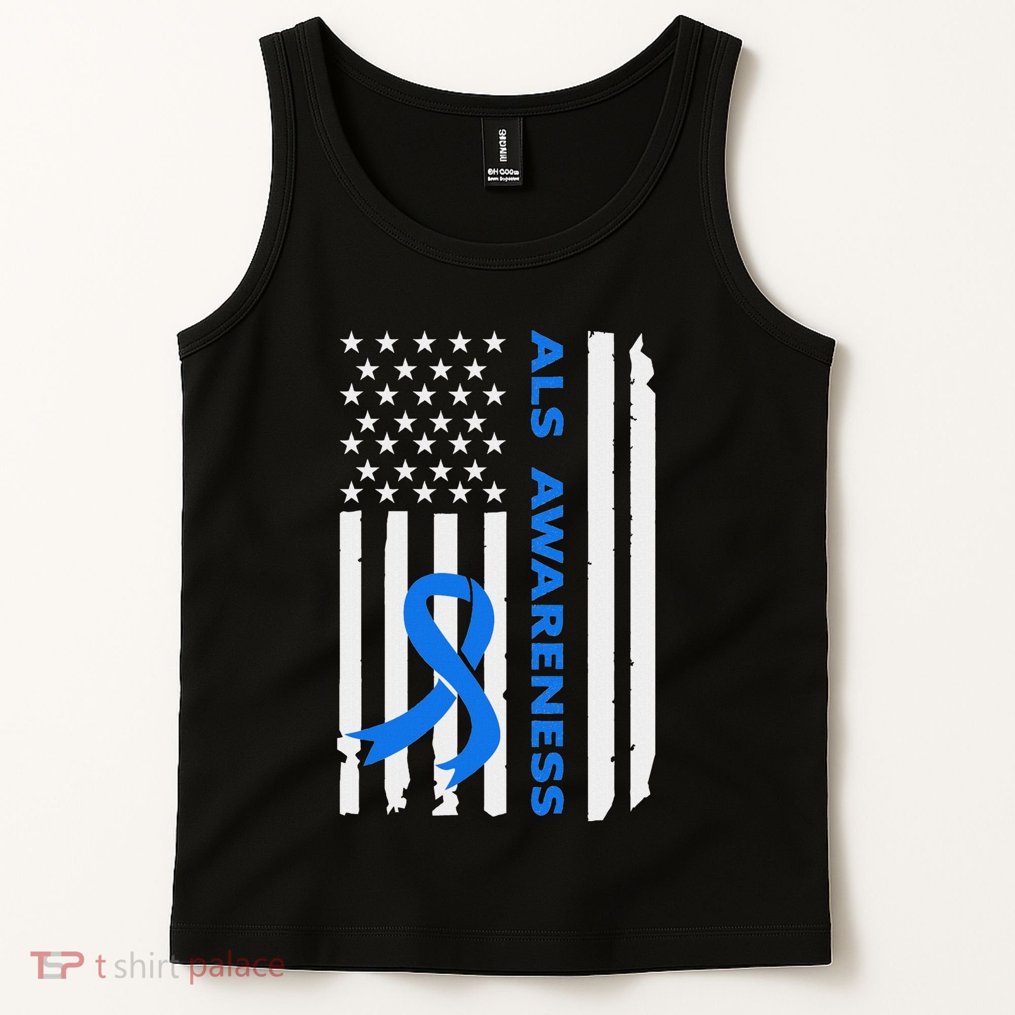 Als Awareness Blue Ribbon American Flag Tank Top