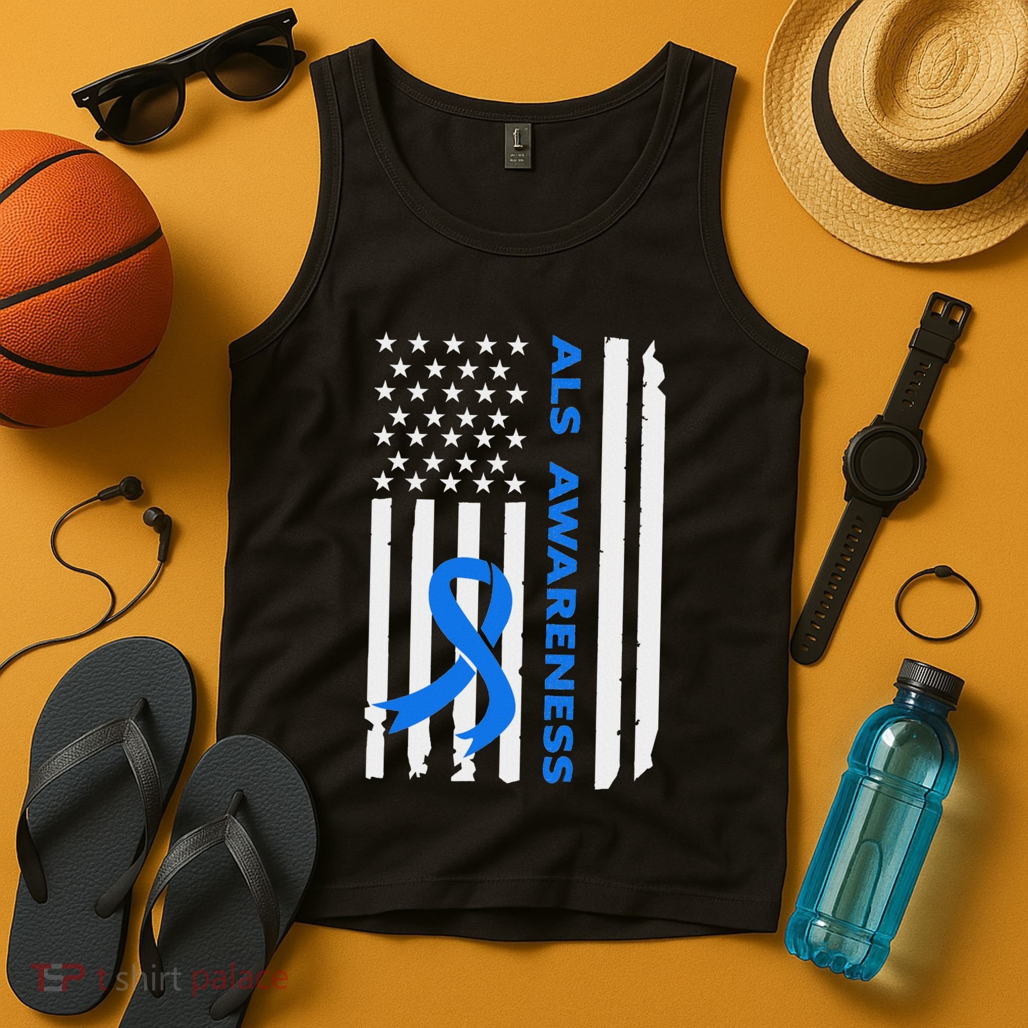 Als Awareness Blue Ribbon American Flag Tank Top