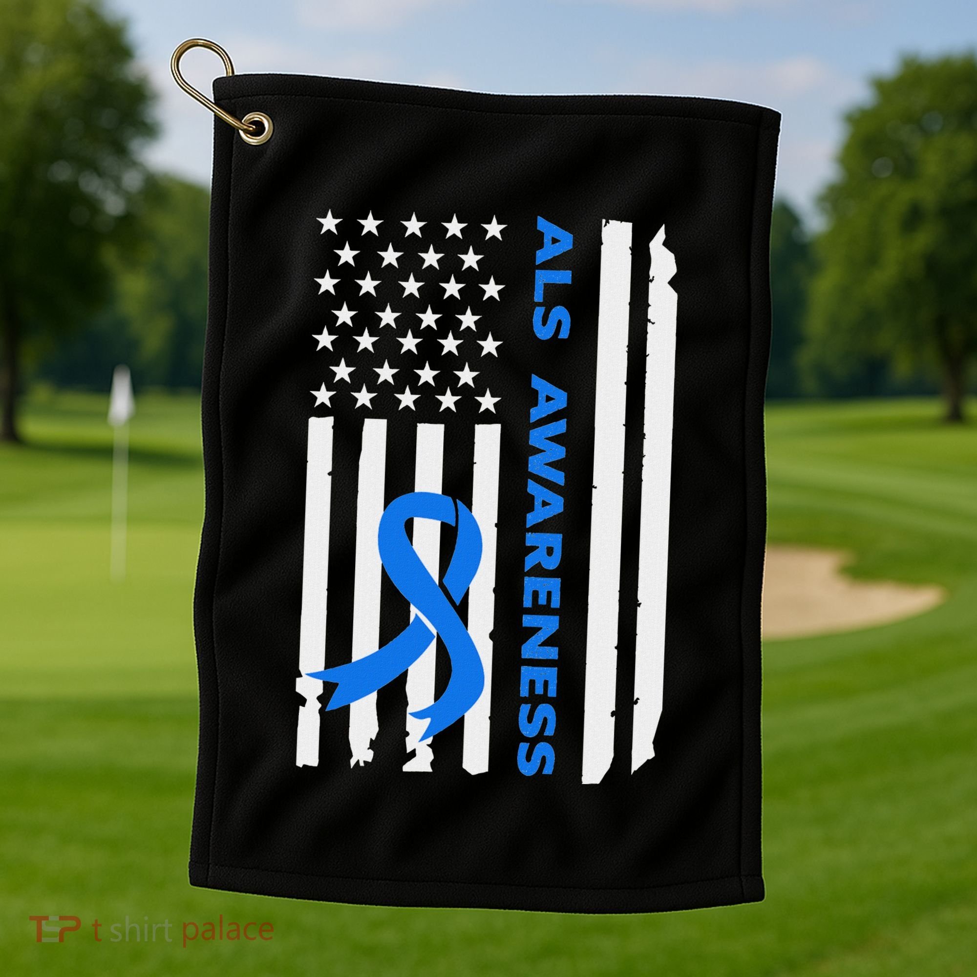 Als Awareness Blue Ribbon American Flag Golf Towel