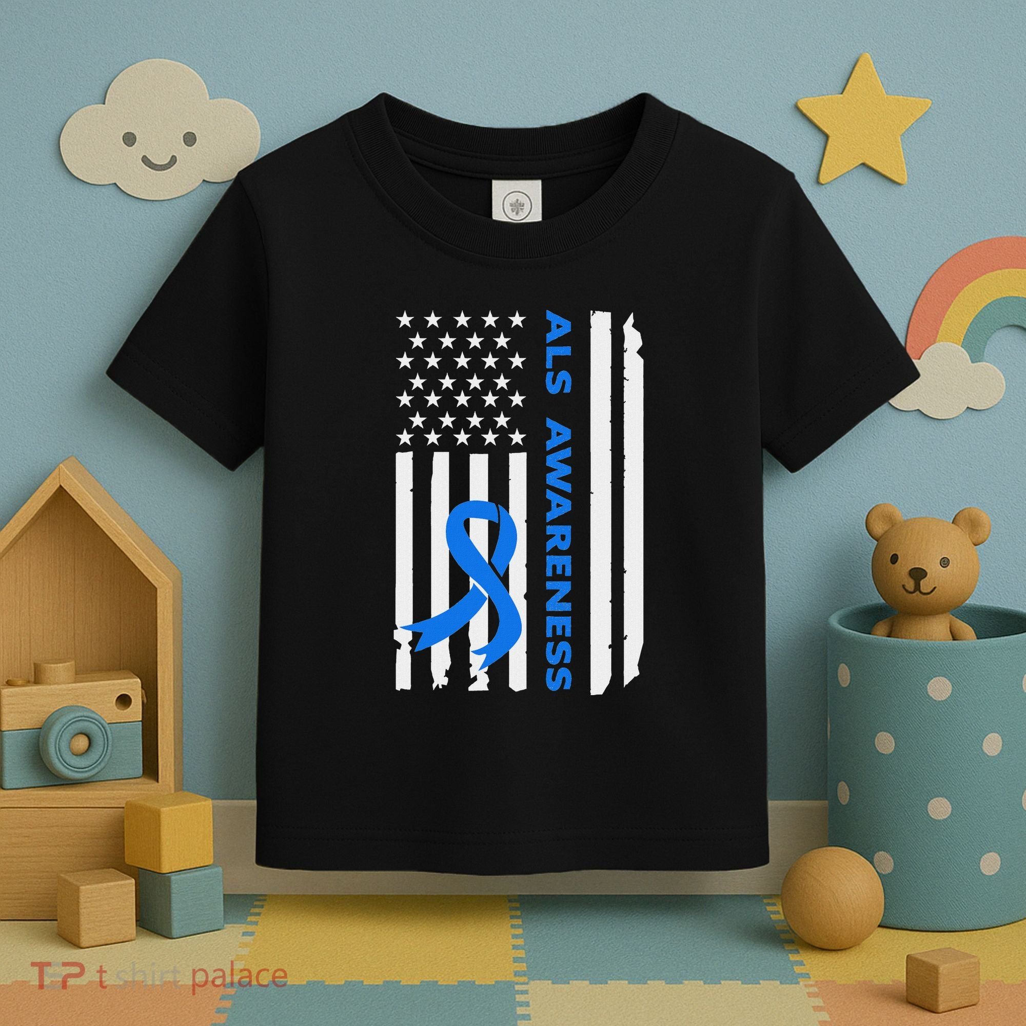 Als Awareness Blue Ribbon American Flag Toddler T-Shirt