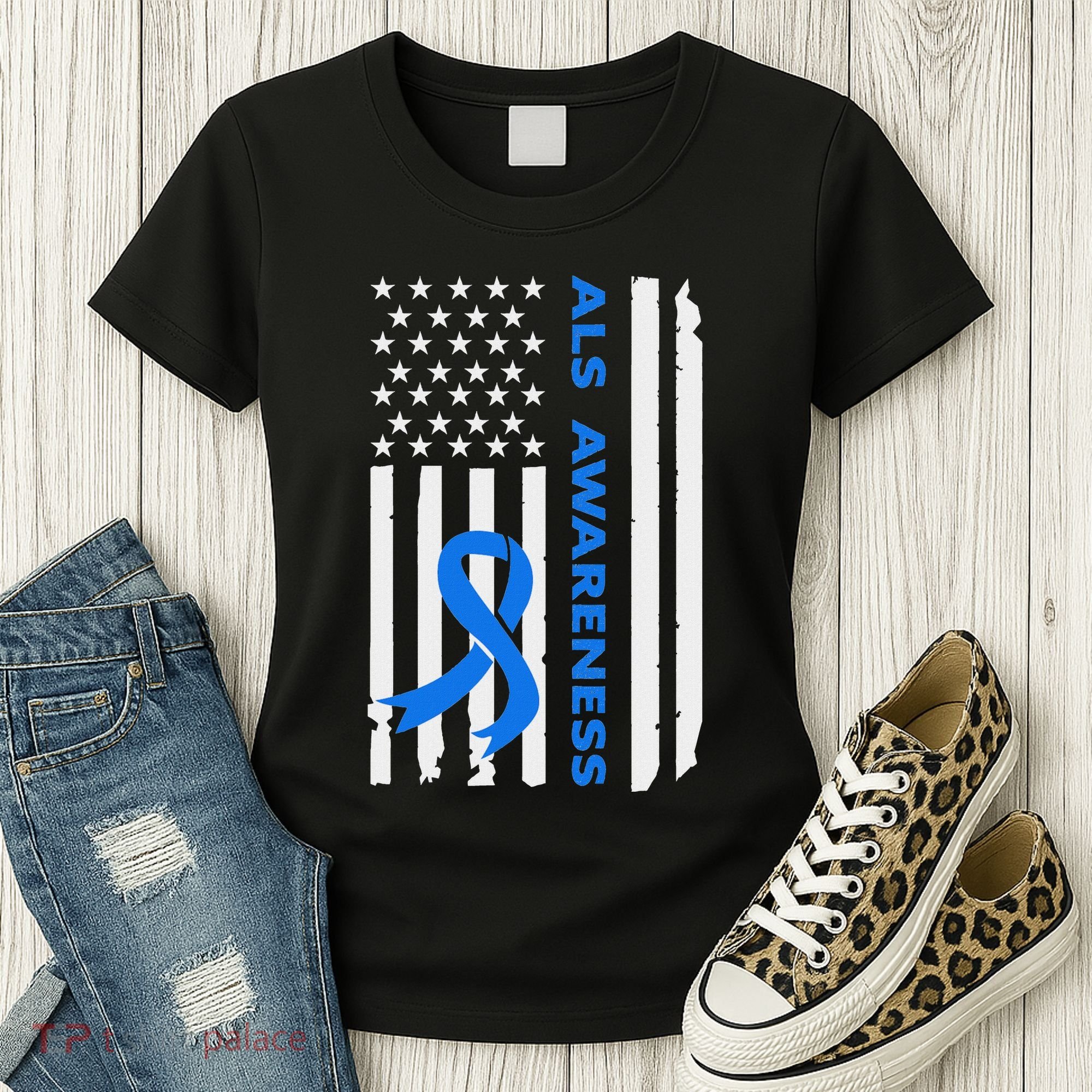 Als Awareness Blue Ribbon American Flag Women's T-Shirt