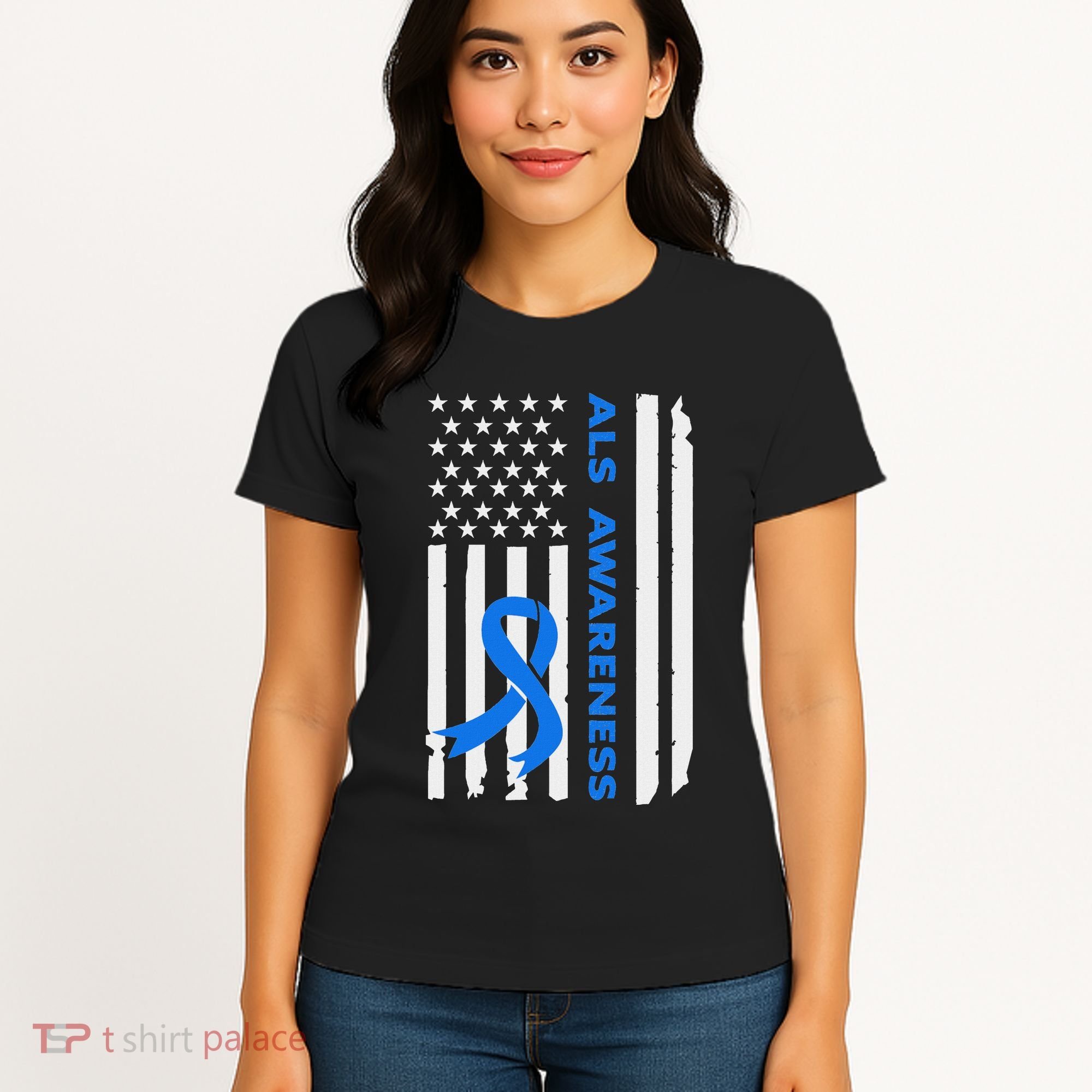 Als Awareness Blue Ribbon American Flag Women's T-Shirt