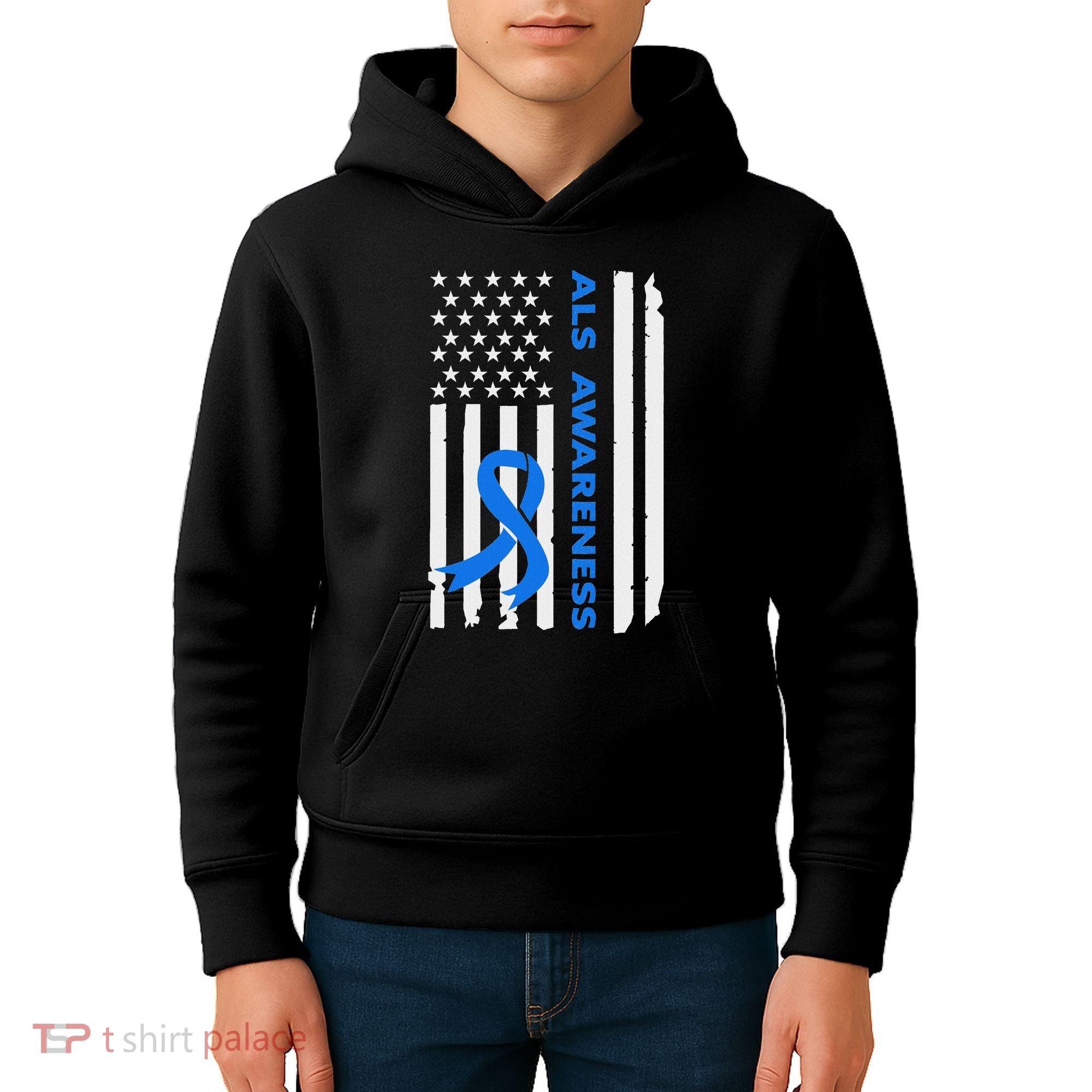 Als Awareness Blue Ribbon American Flag Kids Hoodie