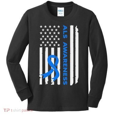 Als Awareness Blue Ribbon American Flag Kids Long Sleeve Shirt