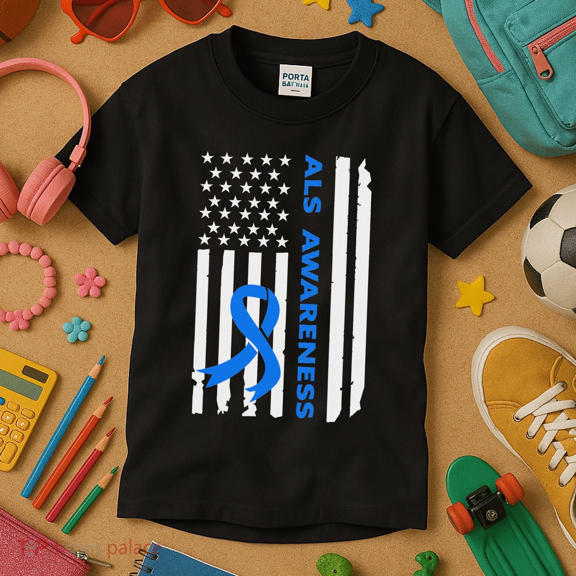 Als Awareness Blue Ribbon American Flag Kids T-Shirt