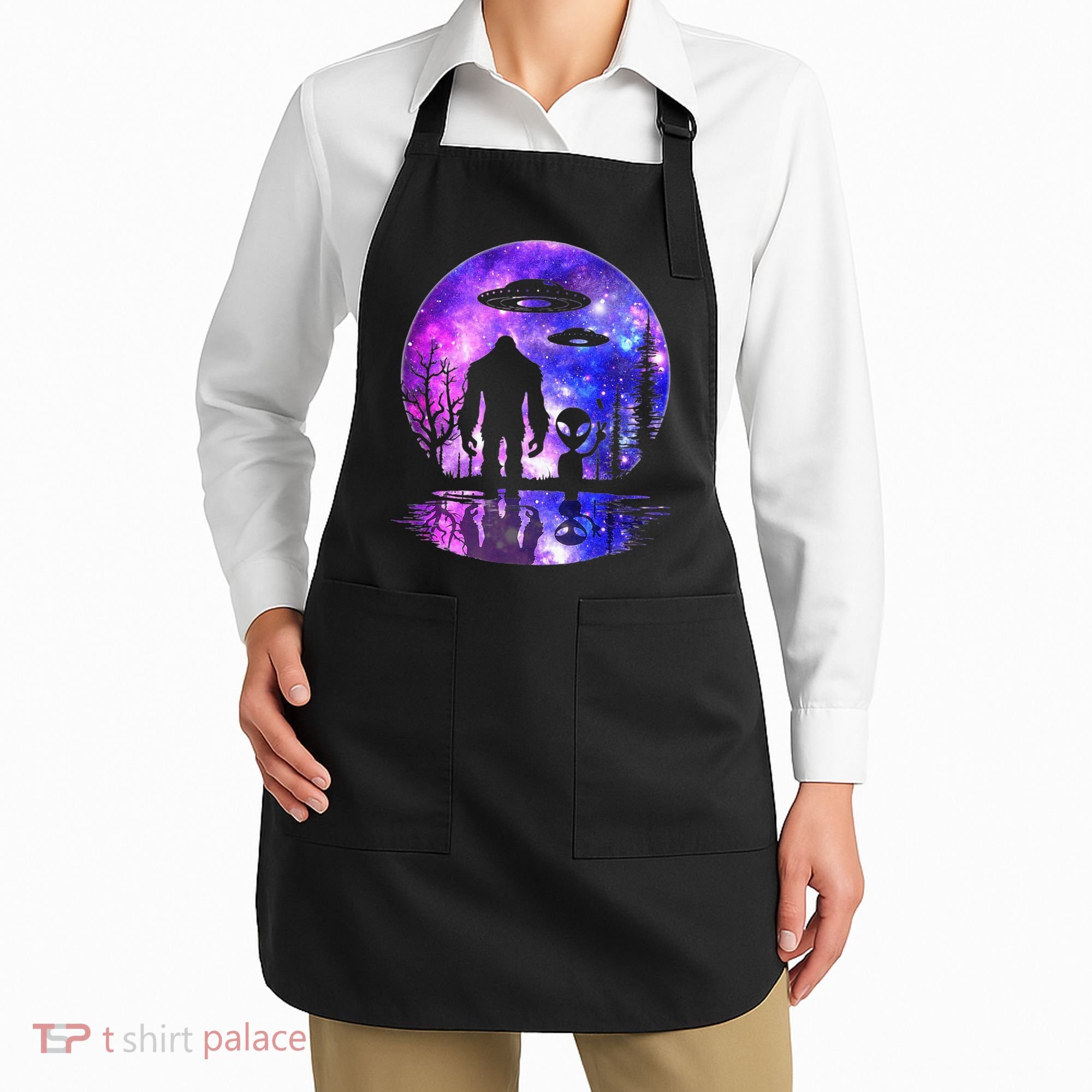 Alien And Bigfoot Full Moon Sasquatch Ufo Apron