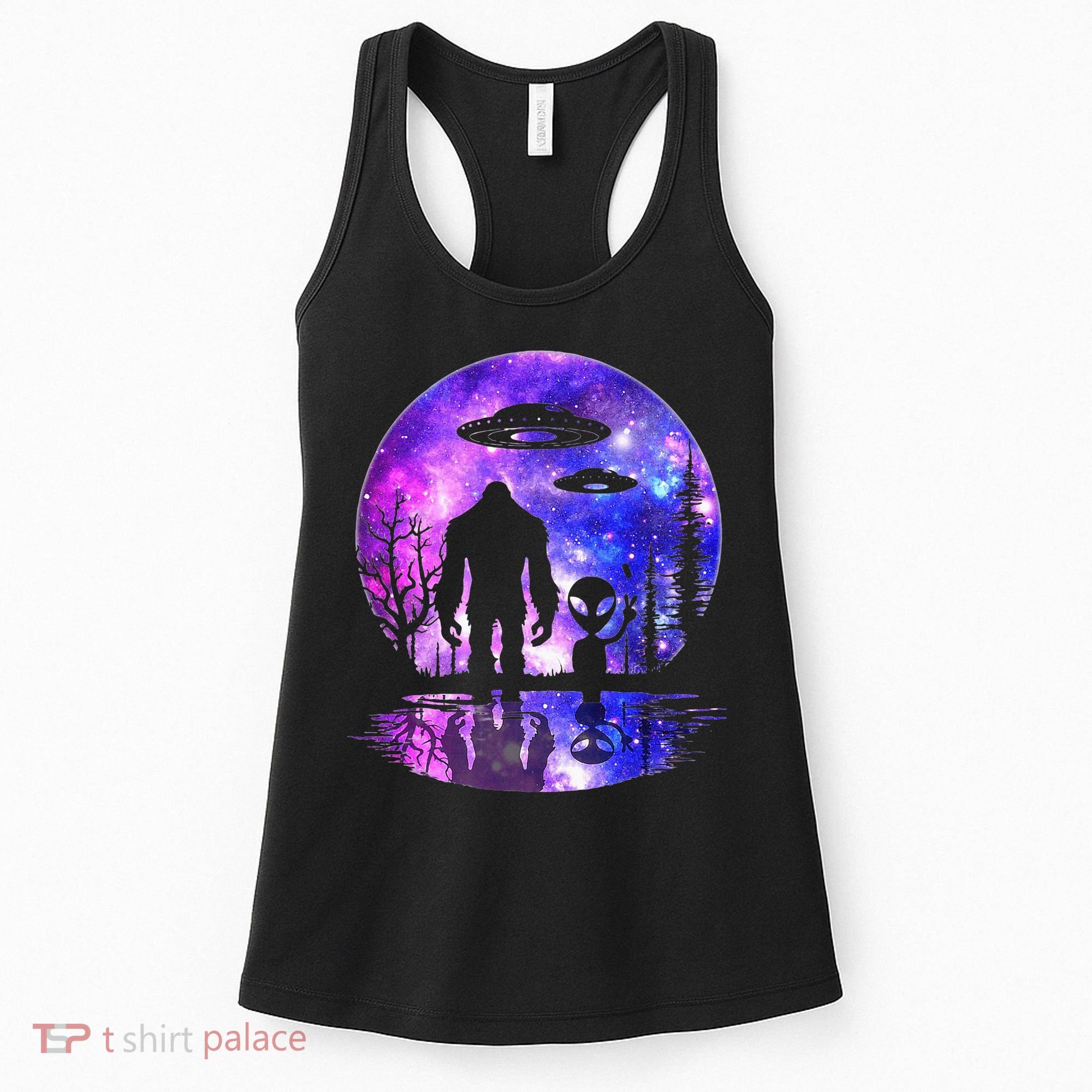 Alien And Bigfoot Full Moon Sasquatch Ufo Women's Tank Top