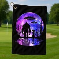 Alien And Bigfoot Full Moon Sasquatch Ufo Golf Towel thumb 1