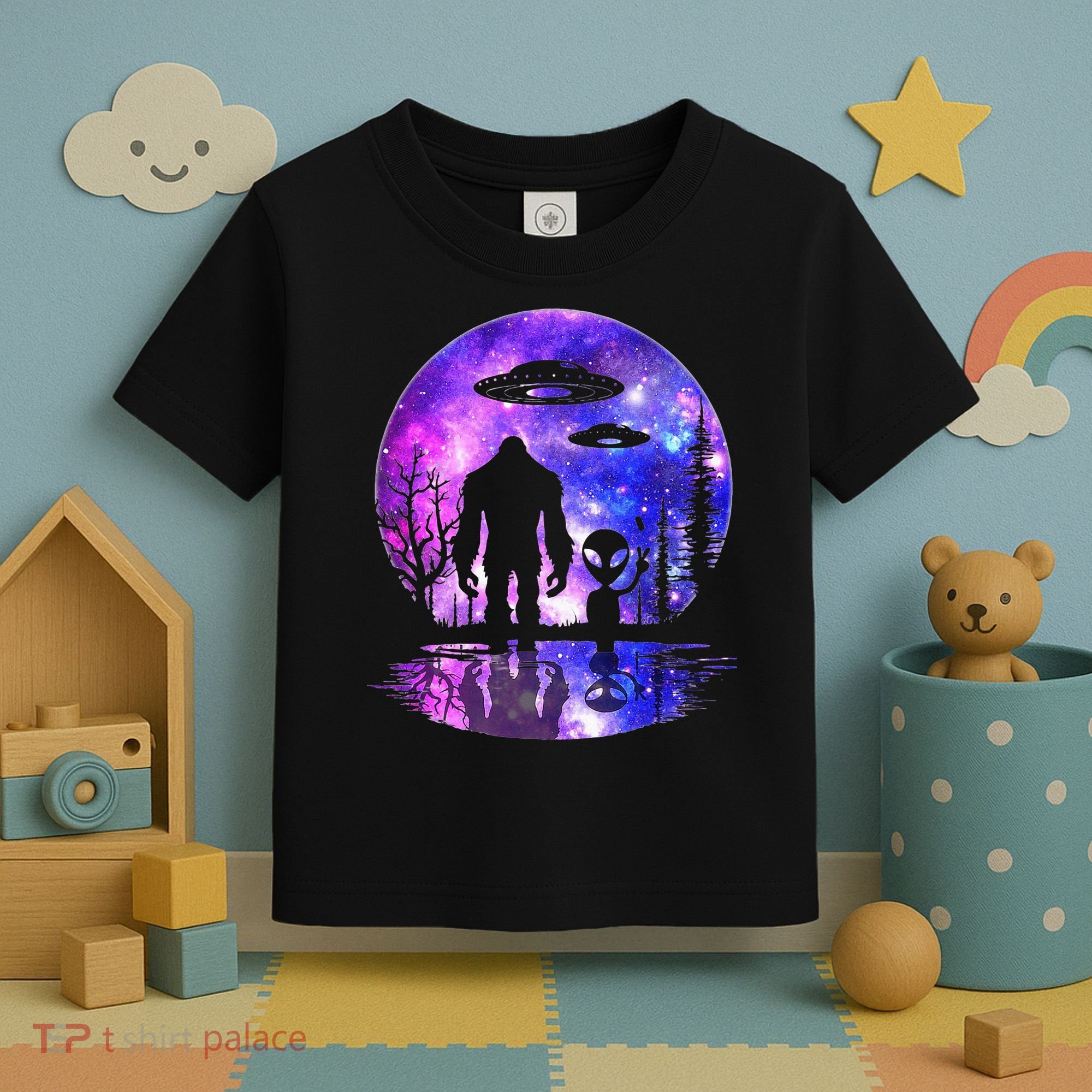 Alien And Bigfoot Full Moon Sasquatch Ufo Toddler T-Shirt