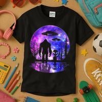 Alien And Bigfoot Full Moon Sasquatch Ufo Kids T-Shirt thumb 3