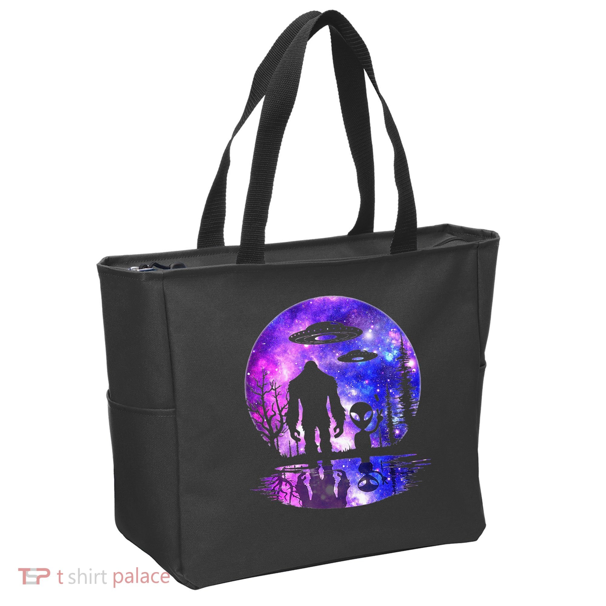 Alien And Bigfoot Full Moon Sasquatch Ufo Tote Bag