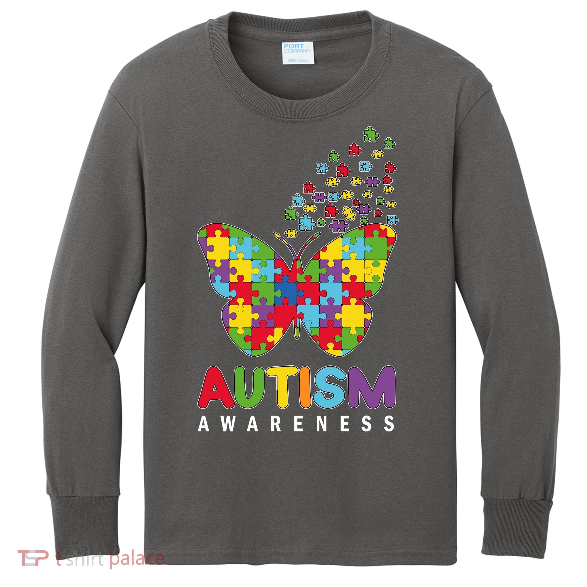 Autism Awareness Butterfly Puzzle Pieces Kids Long Sleeve Shirt