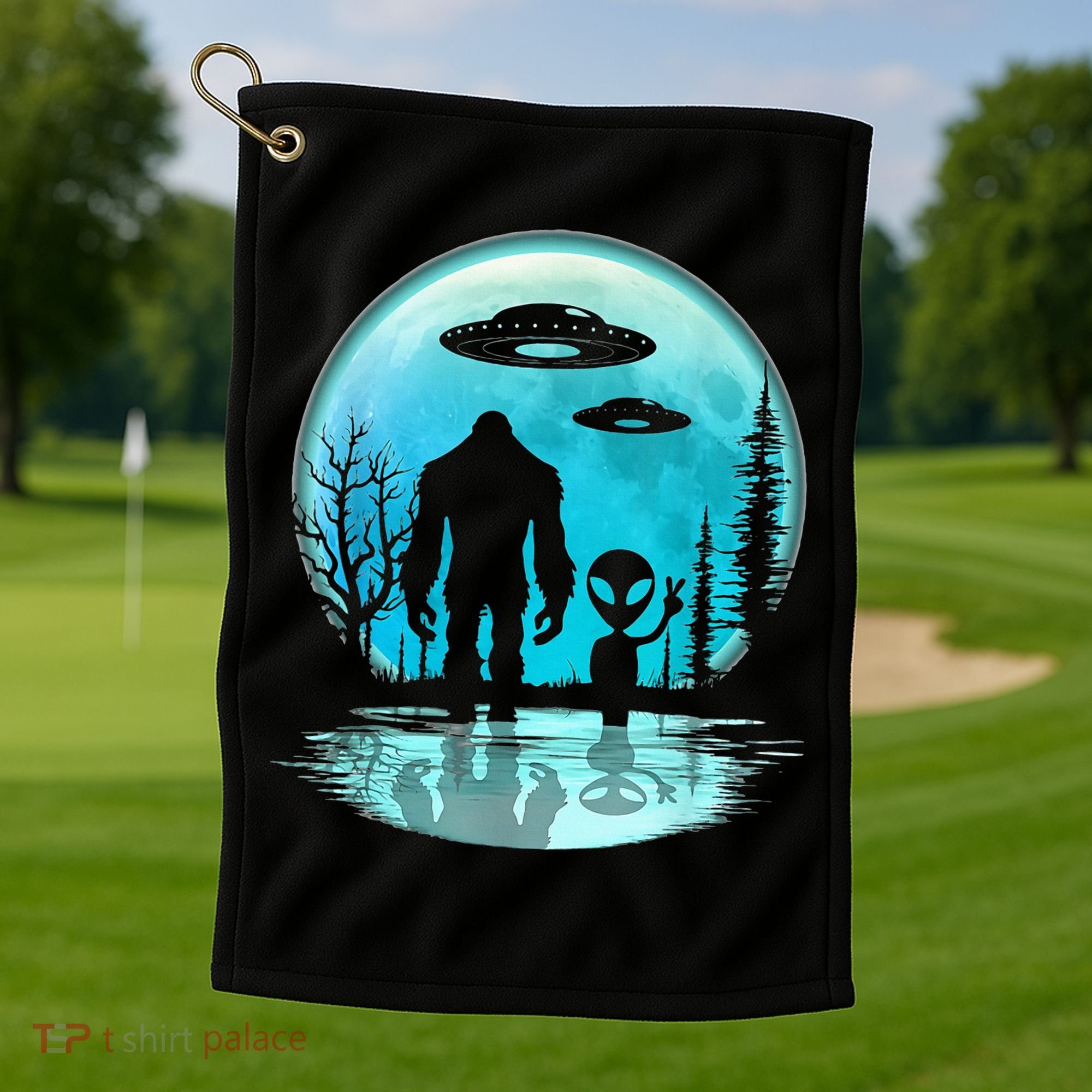 Alien And Bigfoot Moon Golf Towel