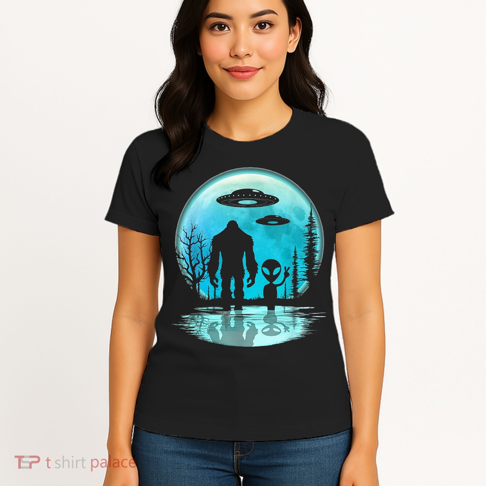 Alien And Bigfoot Moon Women's T-Shirt