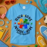 Autism Awareness Be Kind Teach Love Inspire Hope Kids T-Shirt thumb 3