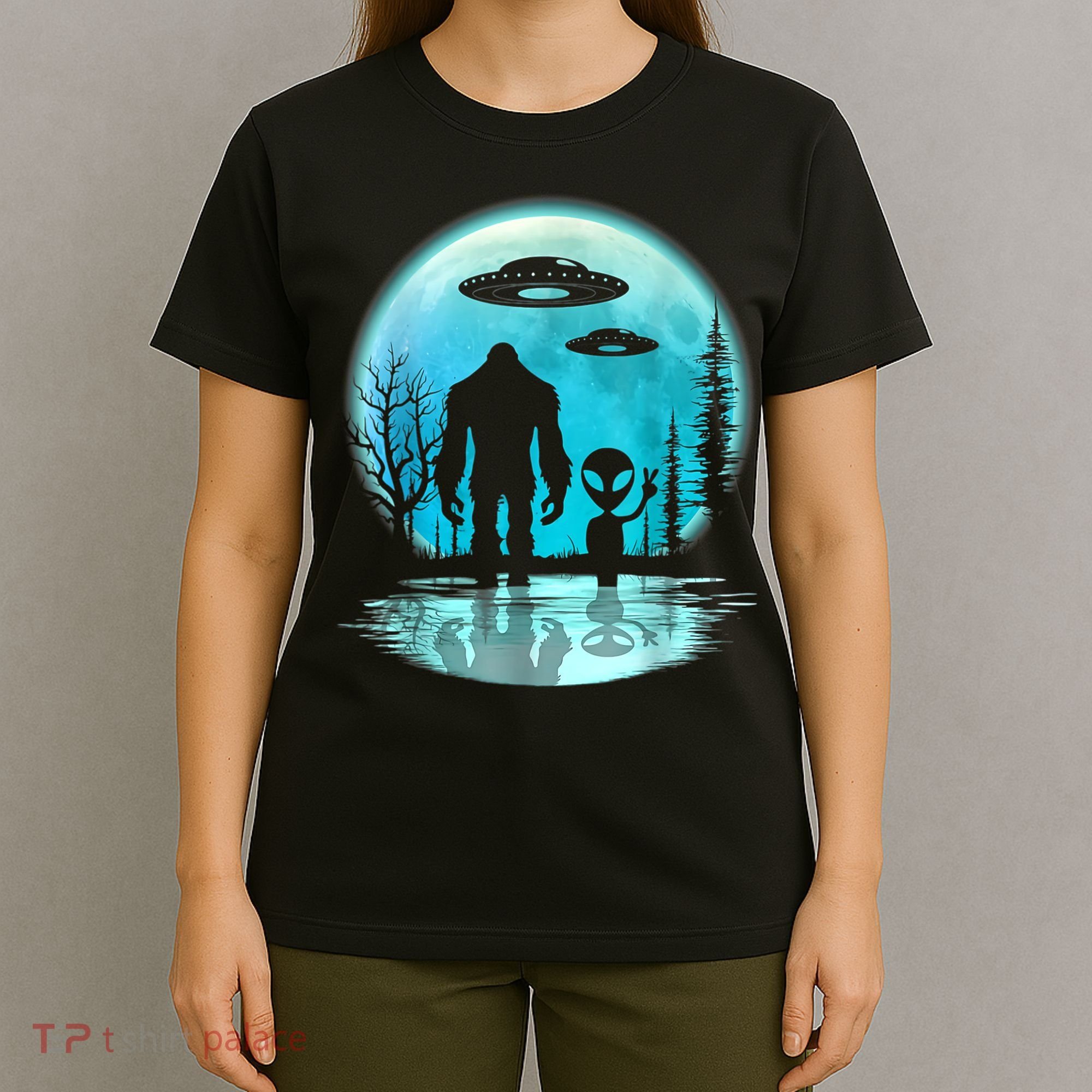 Alien And Bigfoot Moon T-Shirt
