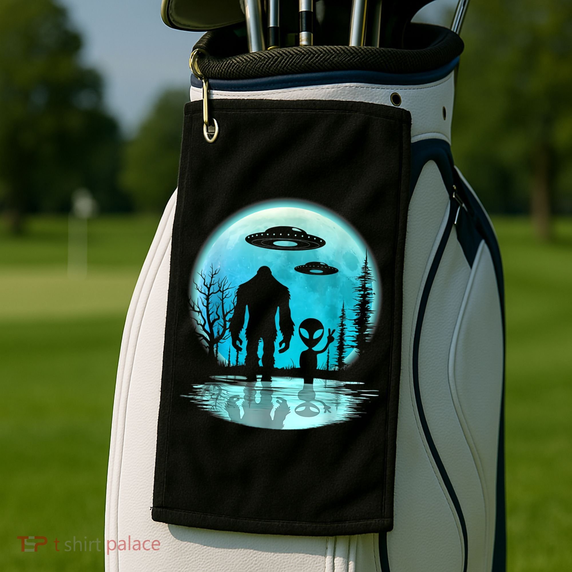 Alien And Bigfoot Moon Golf Towel