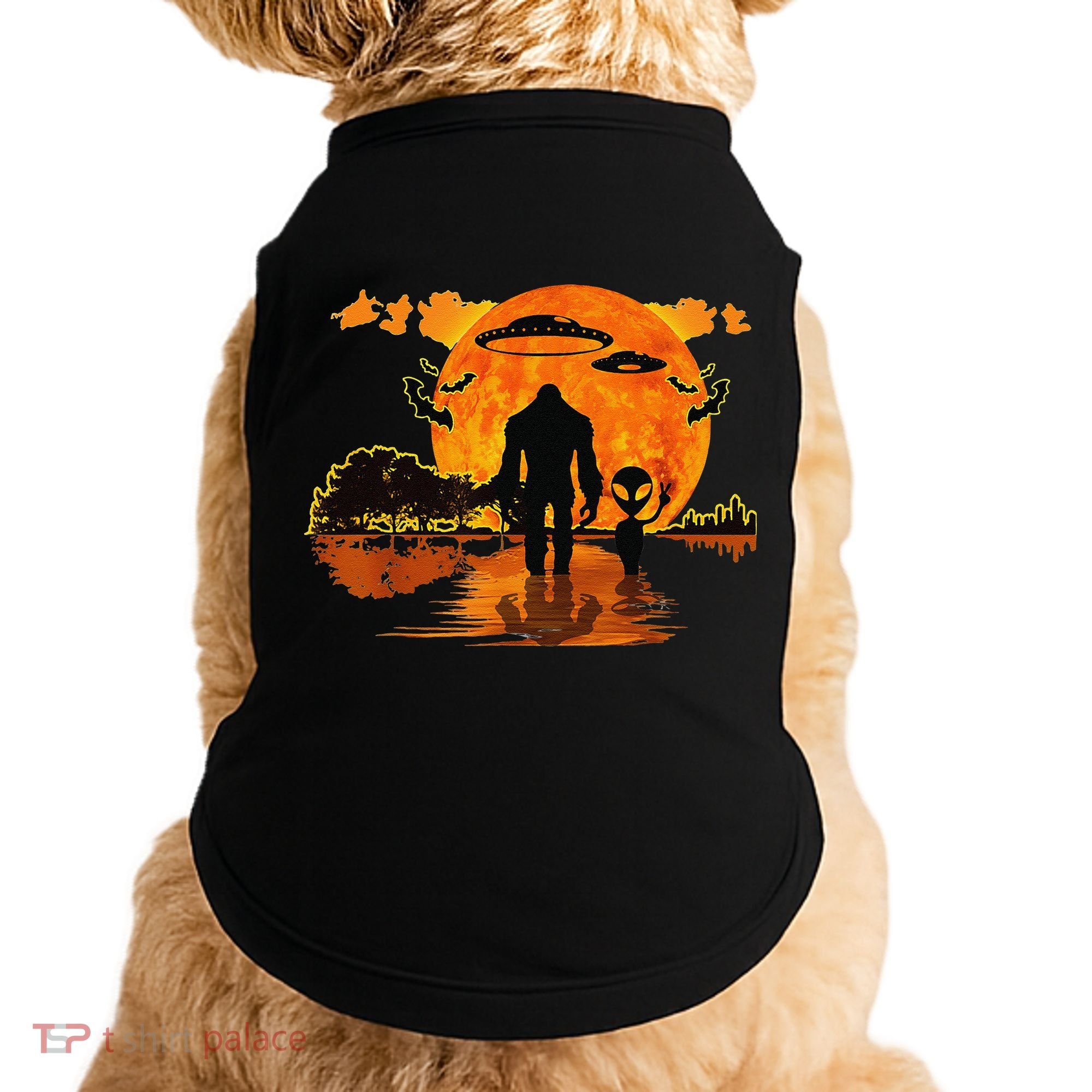 Alien And Bigfoot Sasquatch Moon Halloween Doggie Tank