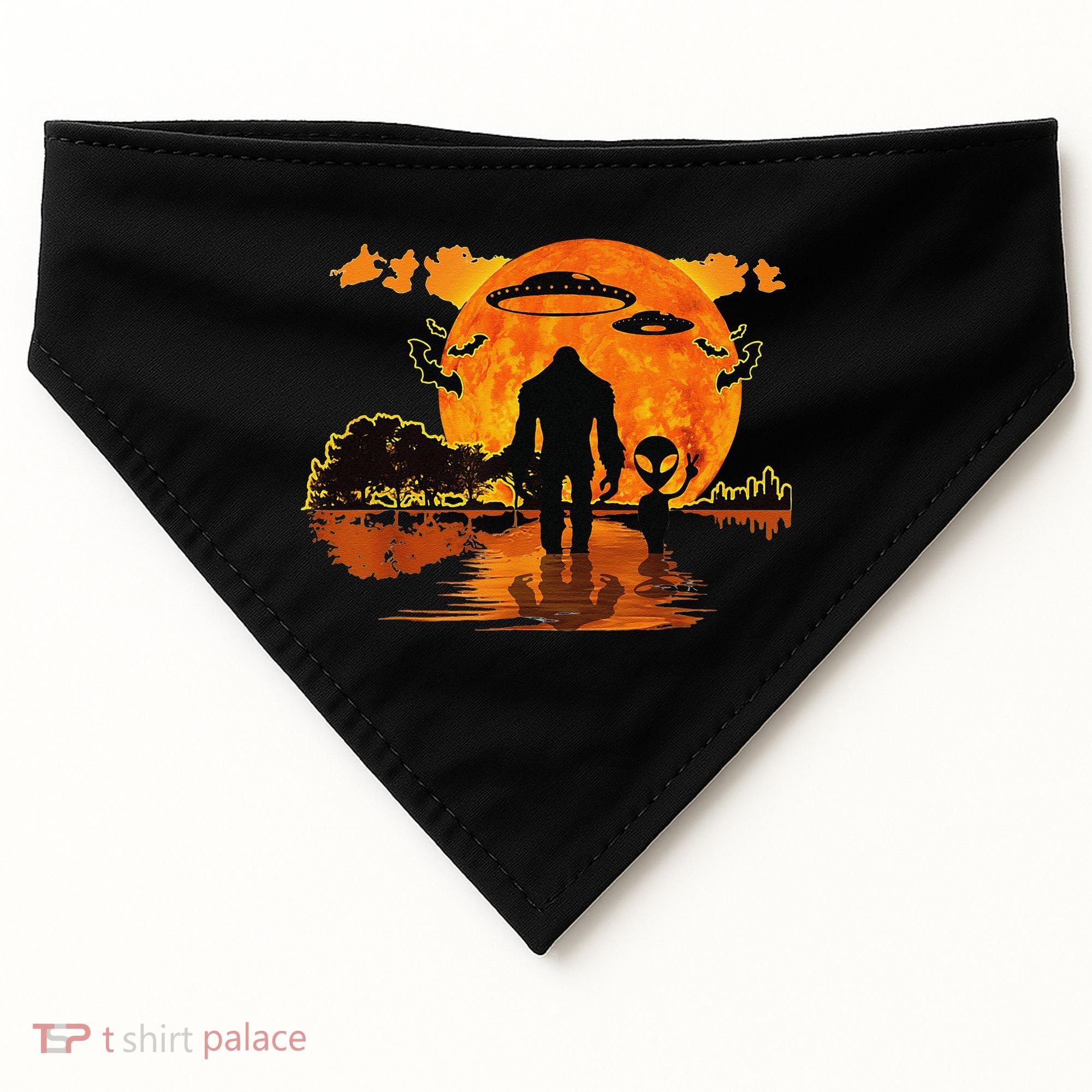 Alien And Bigfoot Sasquatch Moon Halloween USA-Made Doggie Bandana