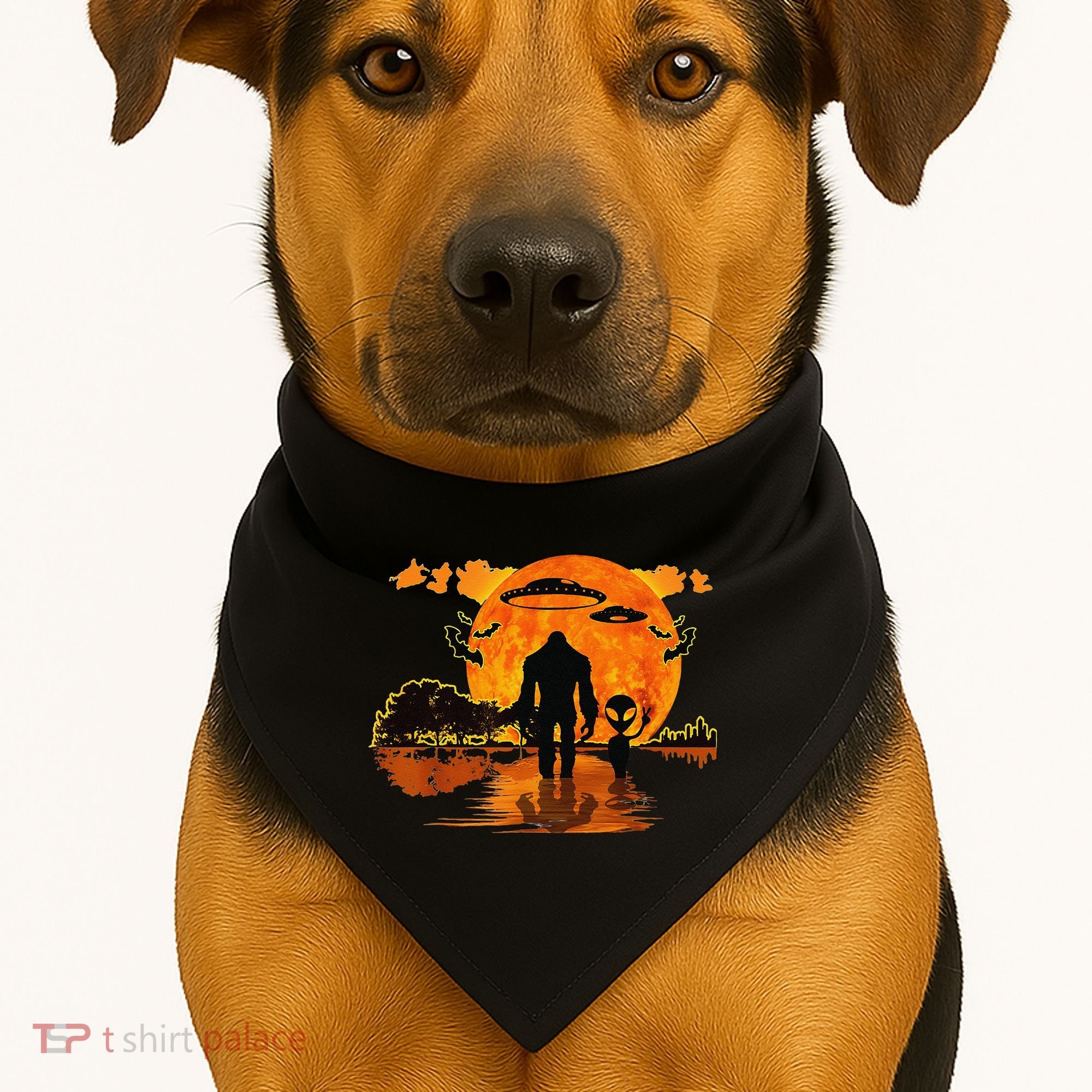 Alien And Bigfoot Sasquatch Moon Halloween USA-Made Doggie Bandana