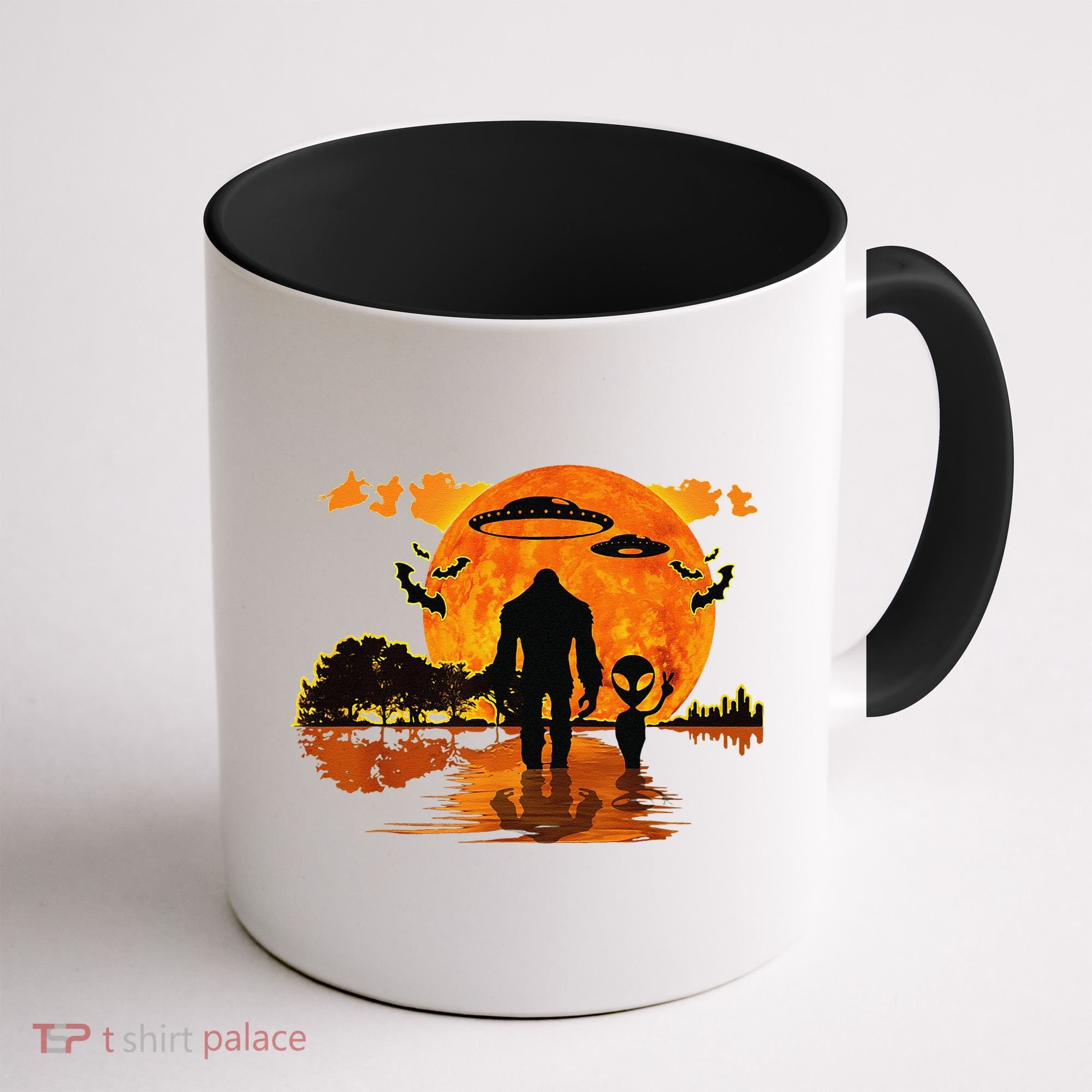 Alien And Bigfoot Sasquatch Moon Halloween Coffee Mug