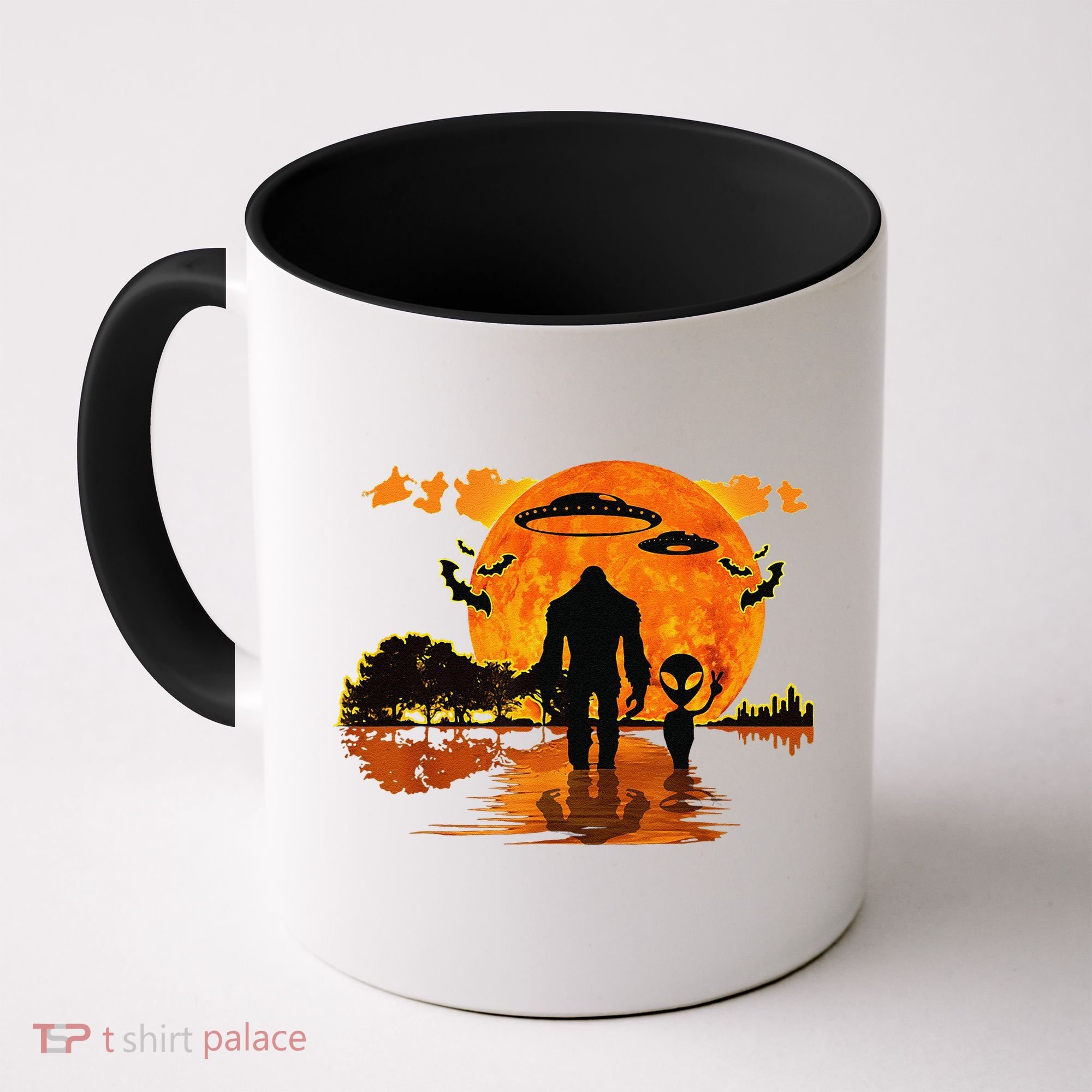 Alien And Bigfoot Sasquatch Moon Halloween Coffee Mug