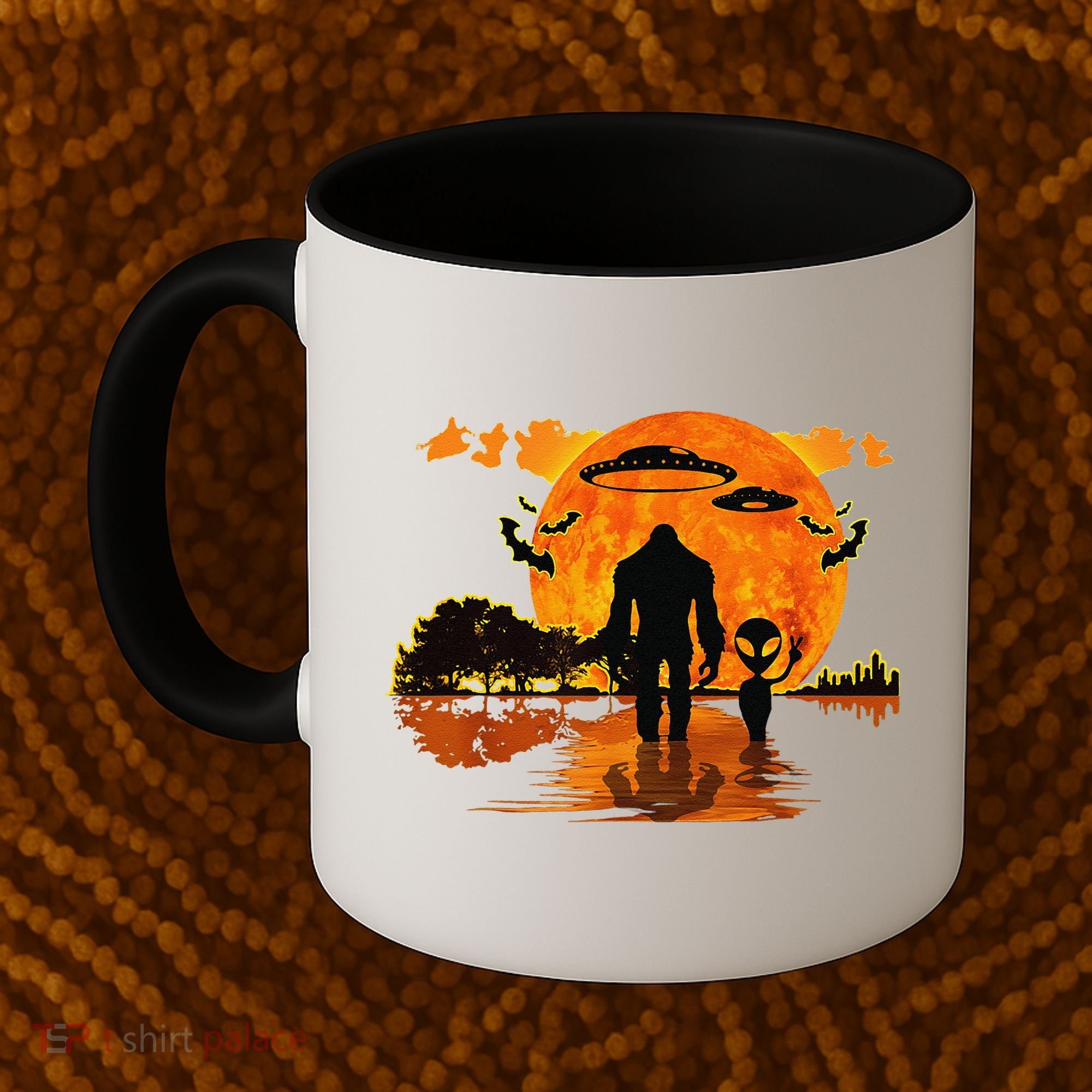 Alien And Bigfoot Sasquatch Moon Halloween Coffee Mug