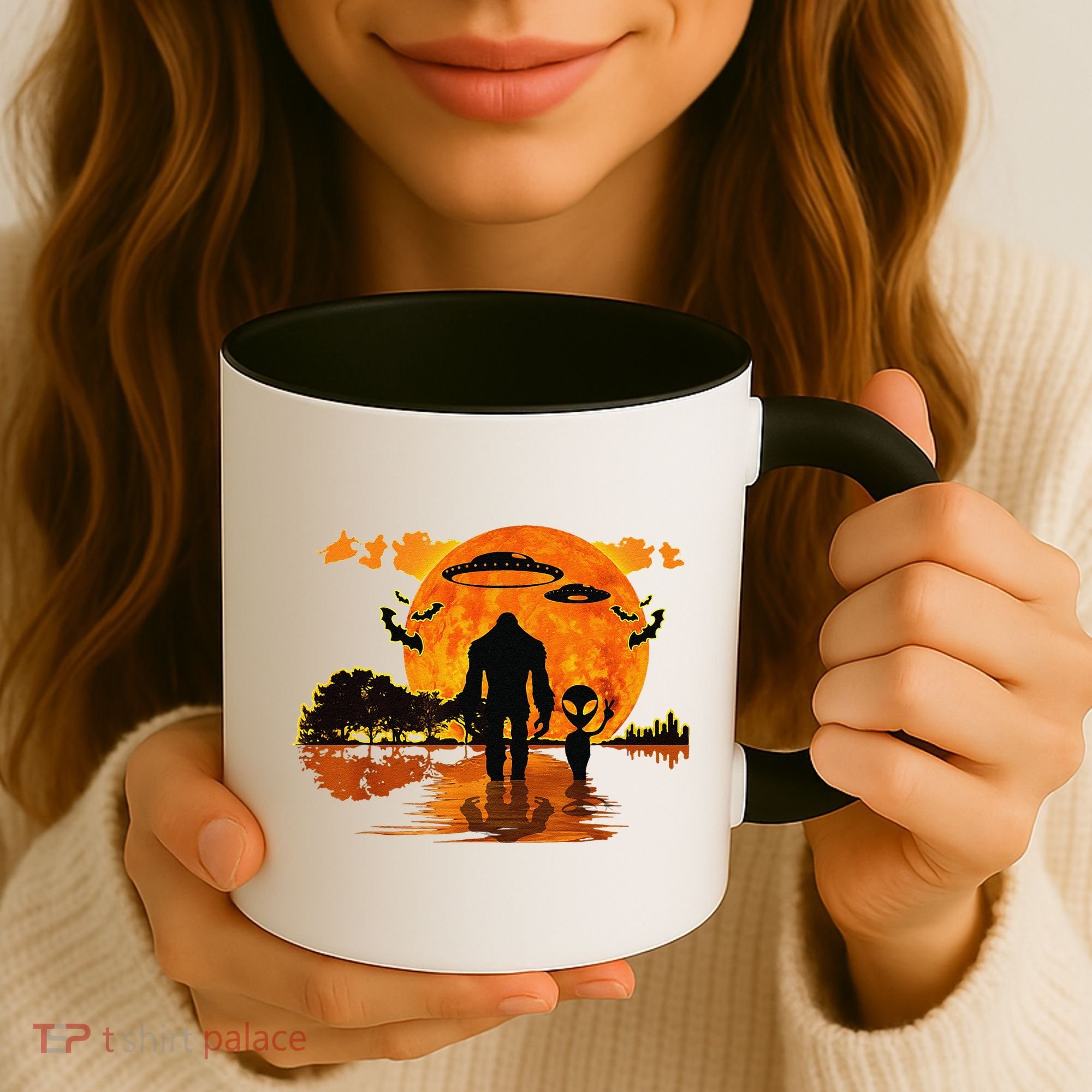 Alien And Bigfoot Sasquatch Moon Halloween Coffee Mug