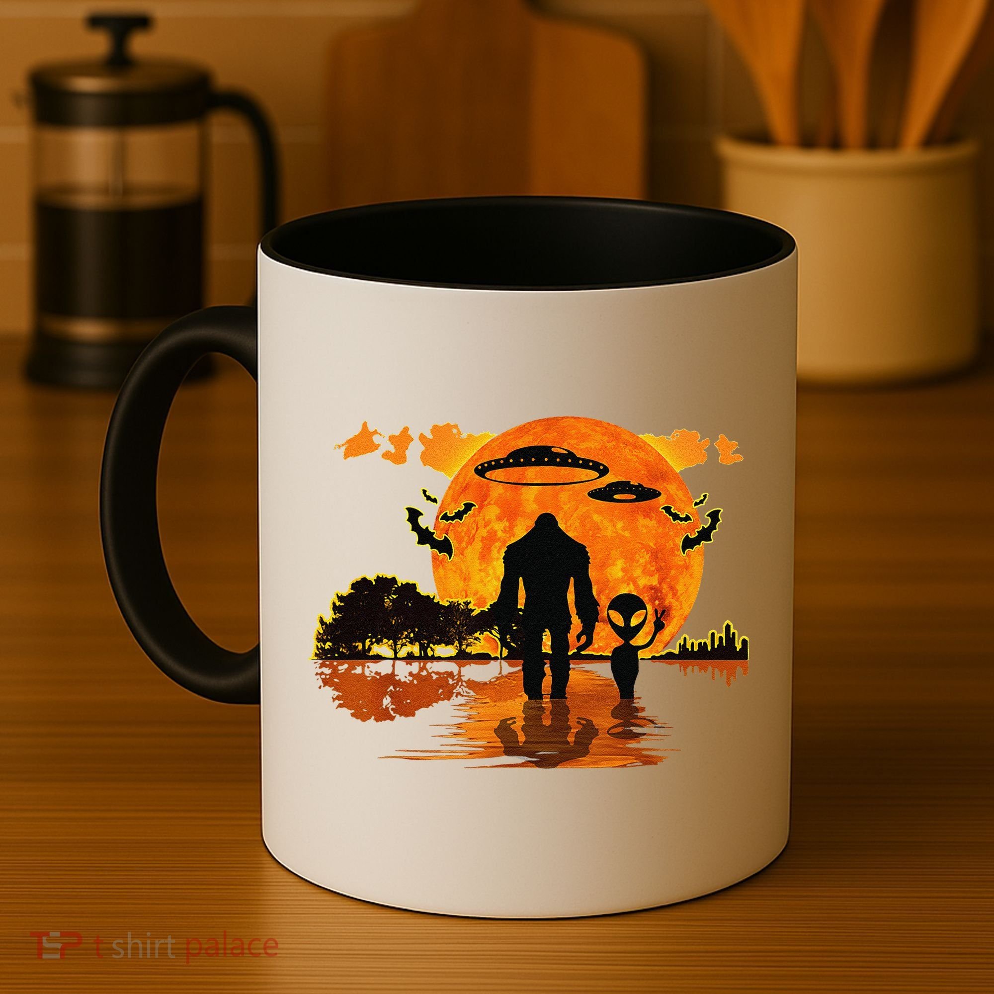 Alien And Bigfoot Sasquatch Moon Halloween Coffee Mug