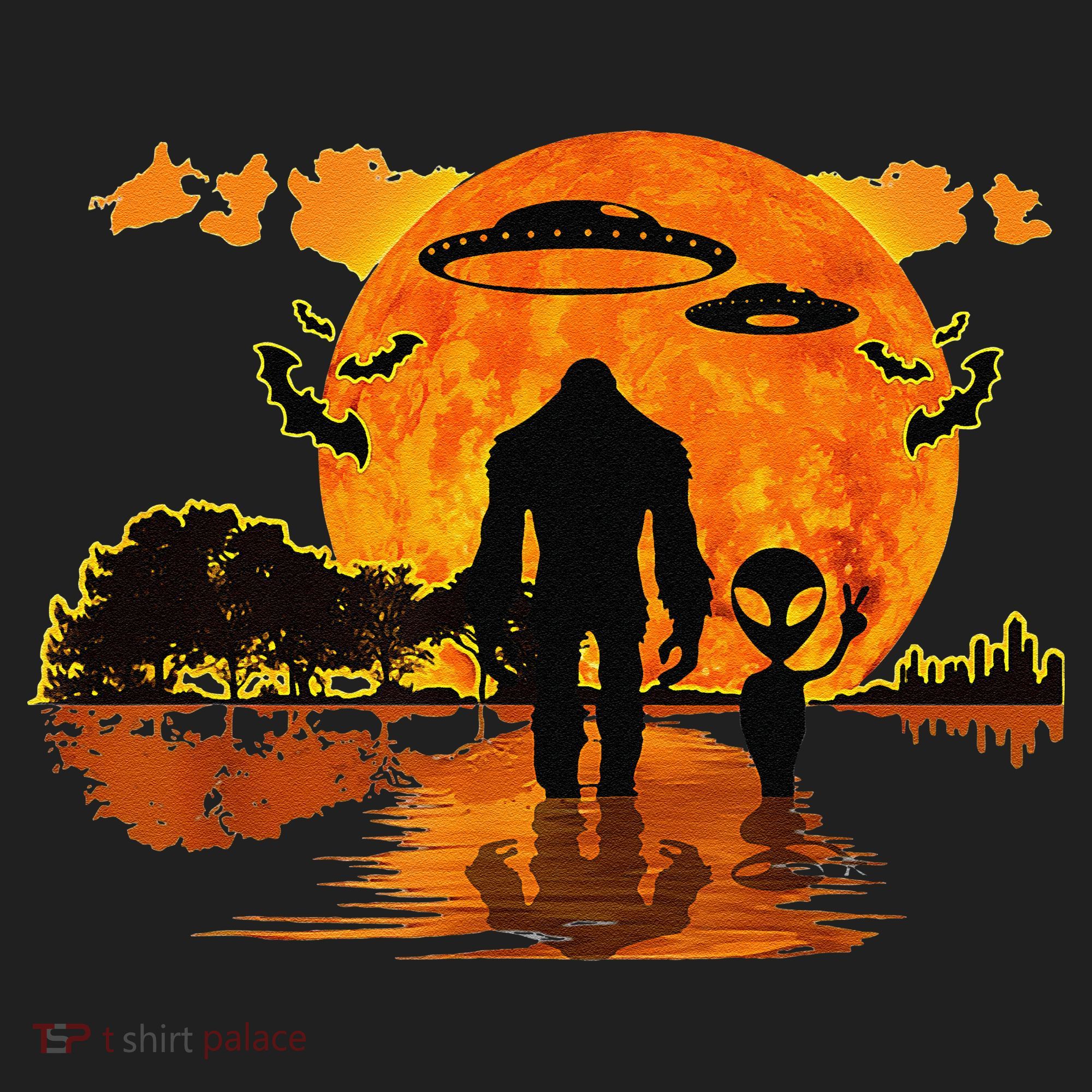 Alien And Bigfoot Sasquatch Moon Halloween Beanie