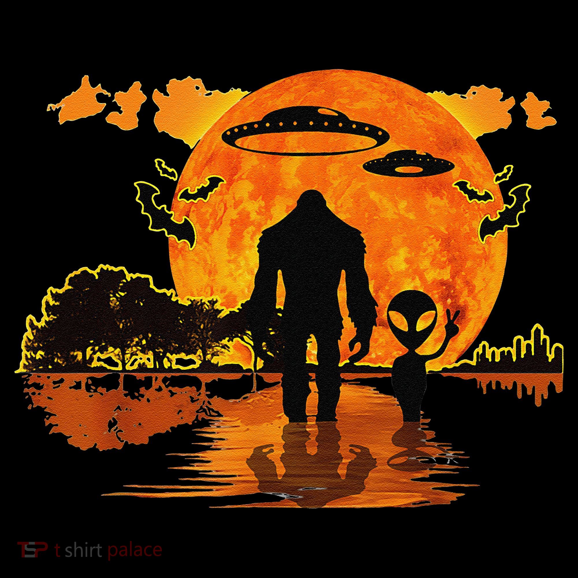 Alien And Bigfoot Sasquatch Moon Halloween Women's Hoodie