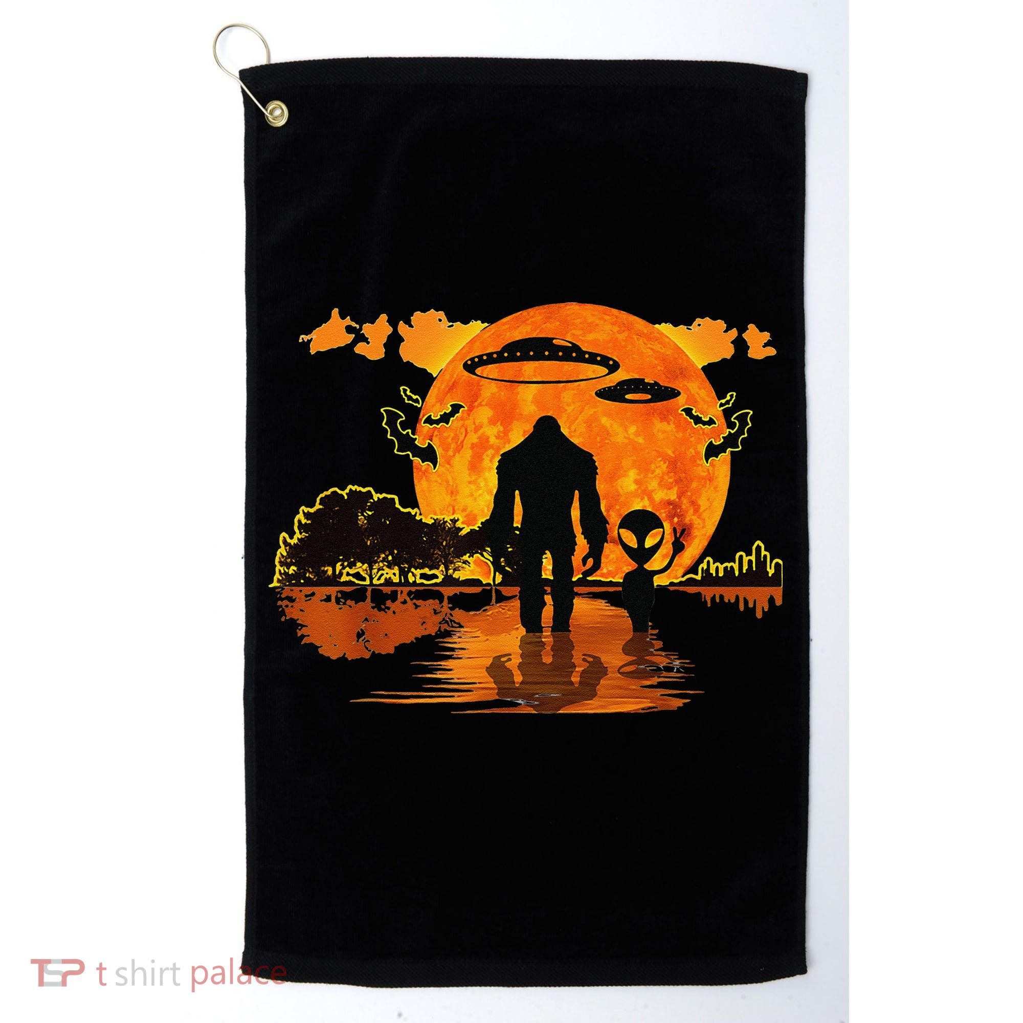 Alien And Bigfoot Sasquatch Moon Halloween Golf Towel