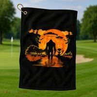 Alien And Bigfoot Sasquatch Moon Halloween Golf Towel thumb 1