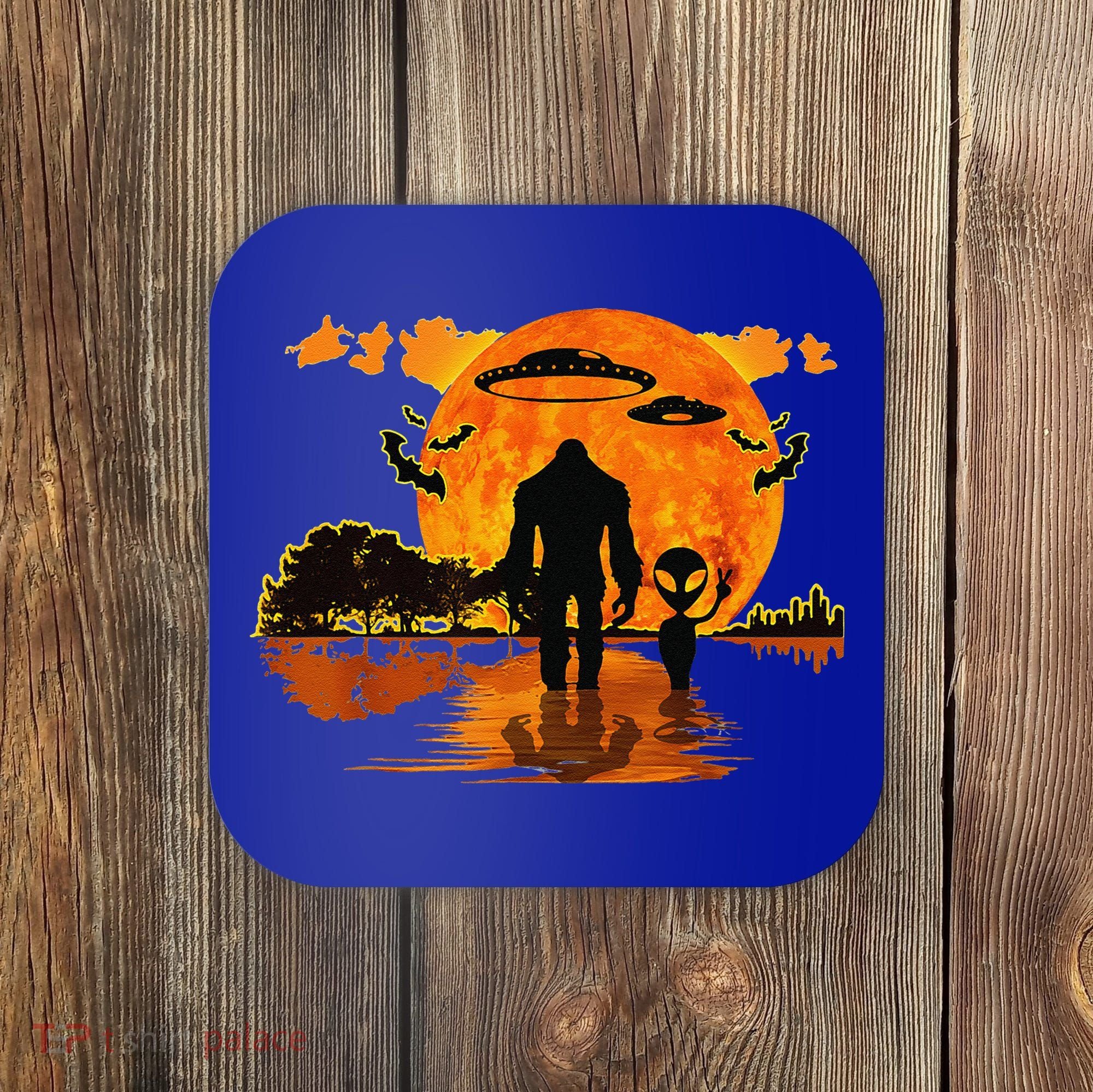 Alien And Bigfoot Sasquatch Moon Halloween Coaster