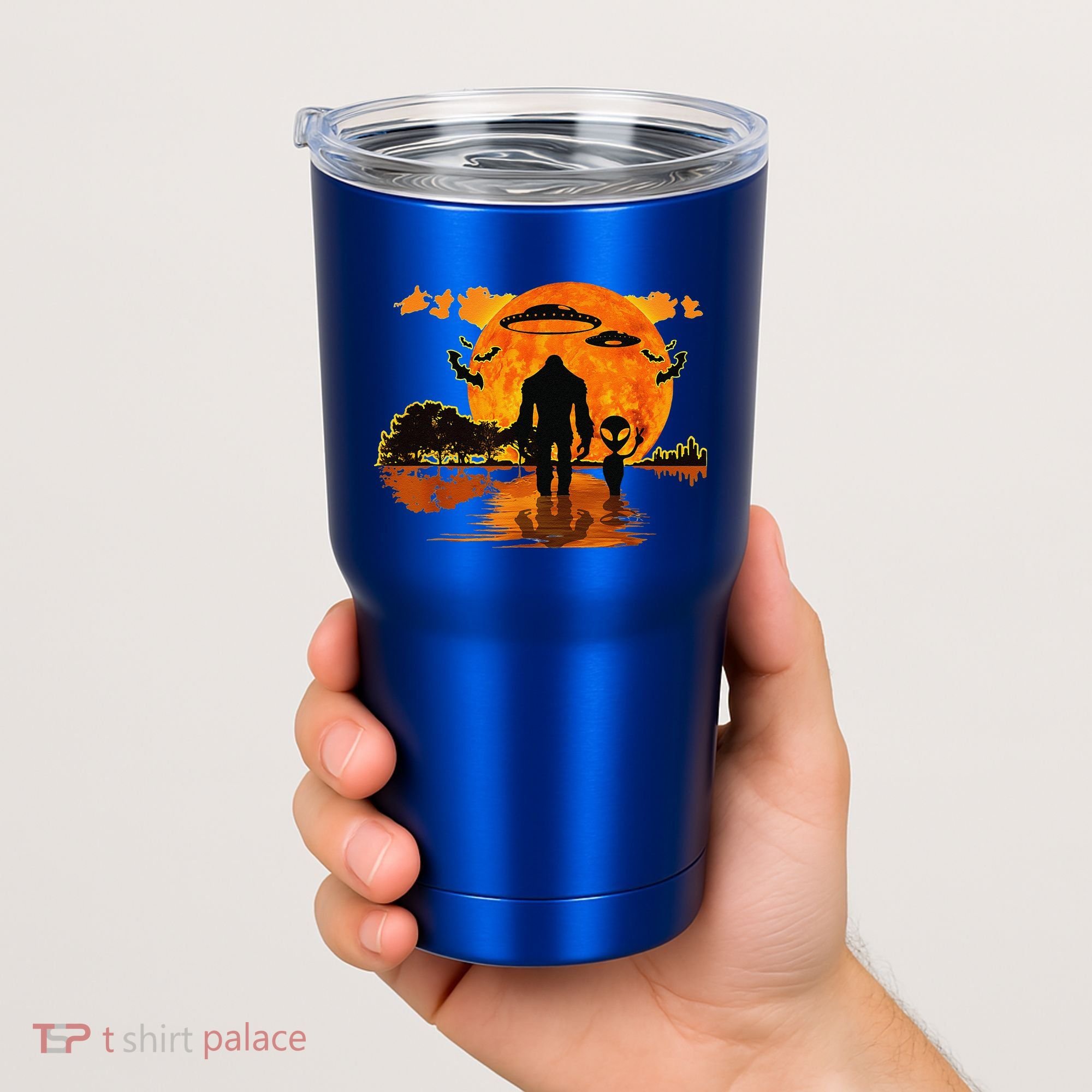 Alien And Bigfoot Sasquatch Moon Halloween Tumbler