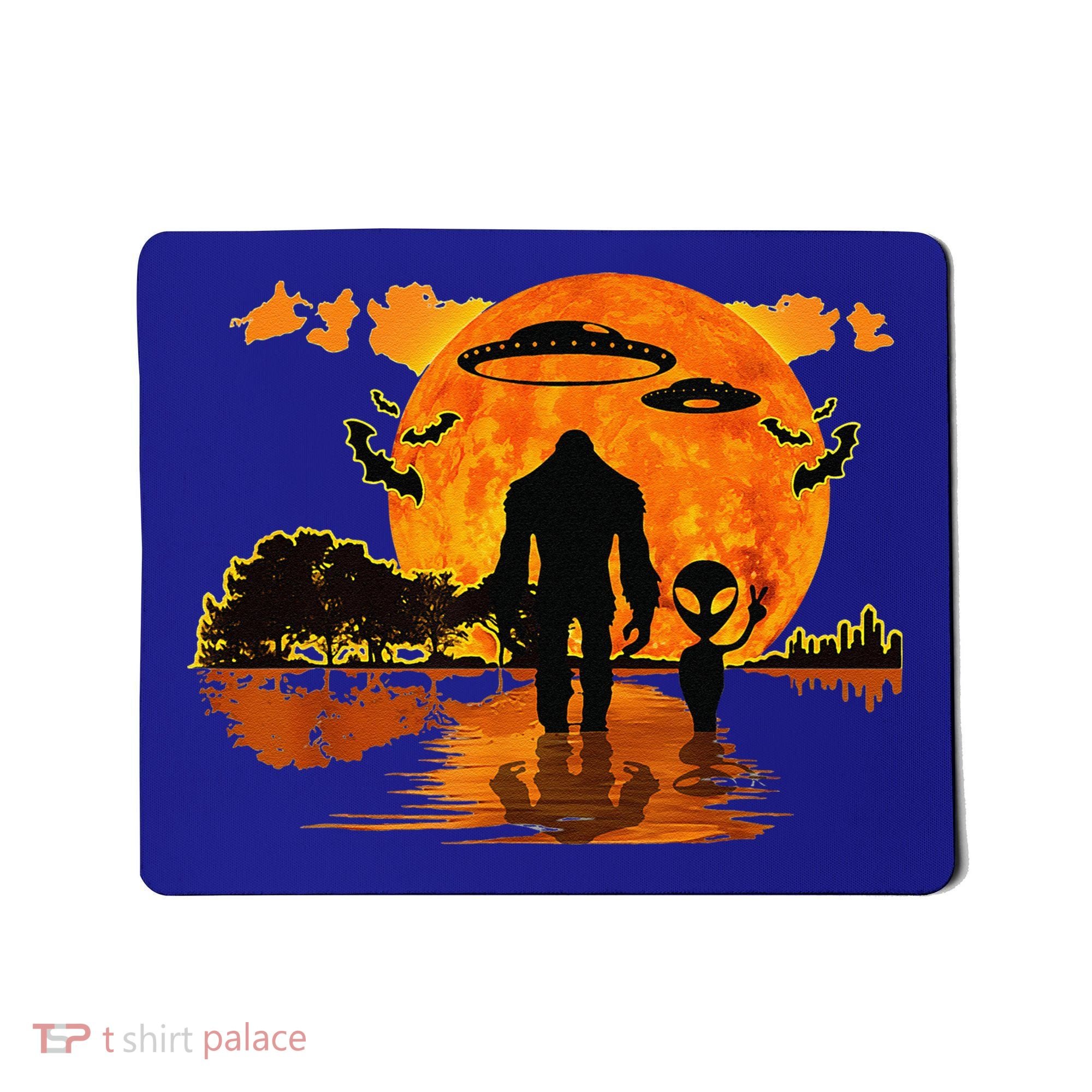 Alien And Bigfoot Sasquatch Moon Halloween Mousepad