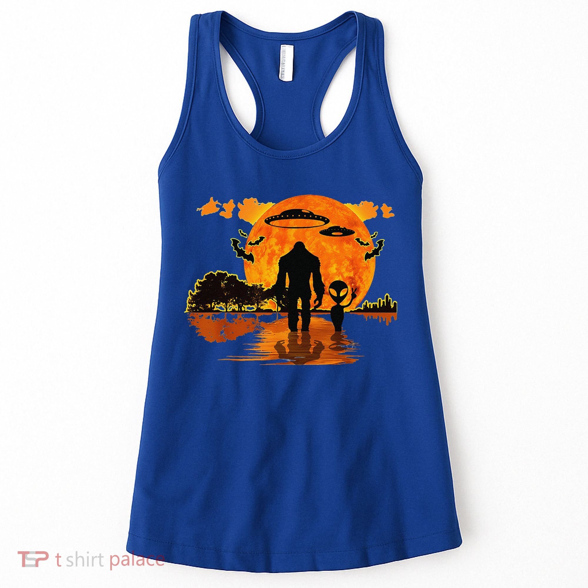 Alien And Bigfoot Sasquatch Moon Halloween Women's Tank Top