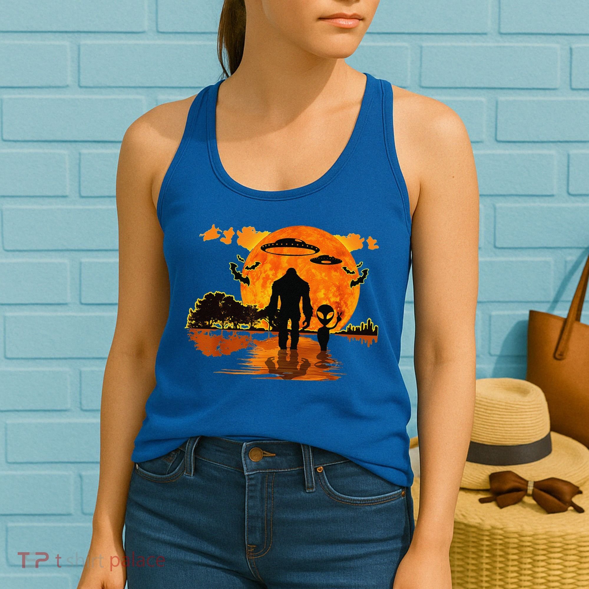 Alien And Bigfoot Sasquatch Moon Halloween Women's Tank Top