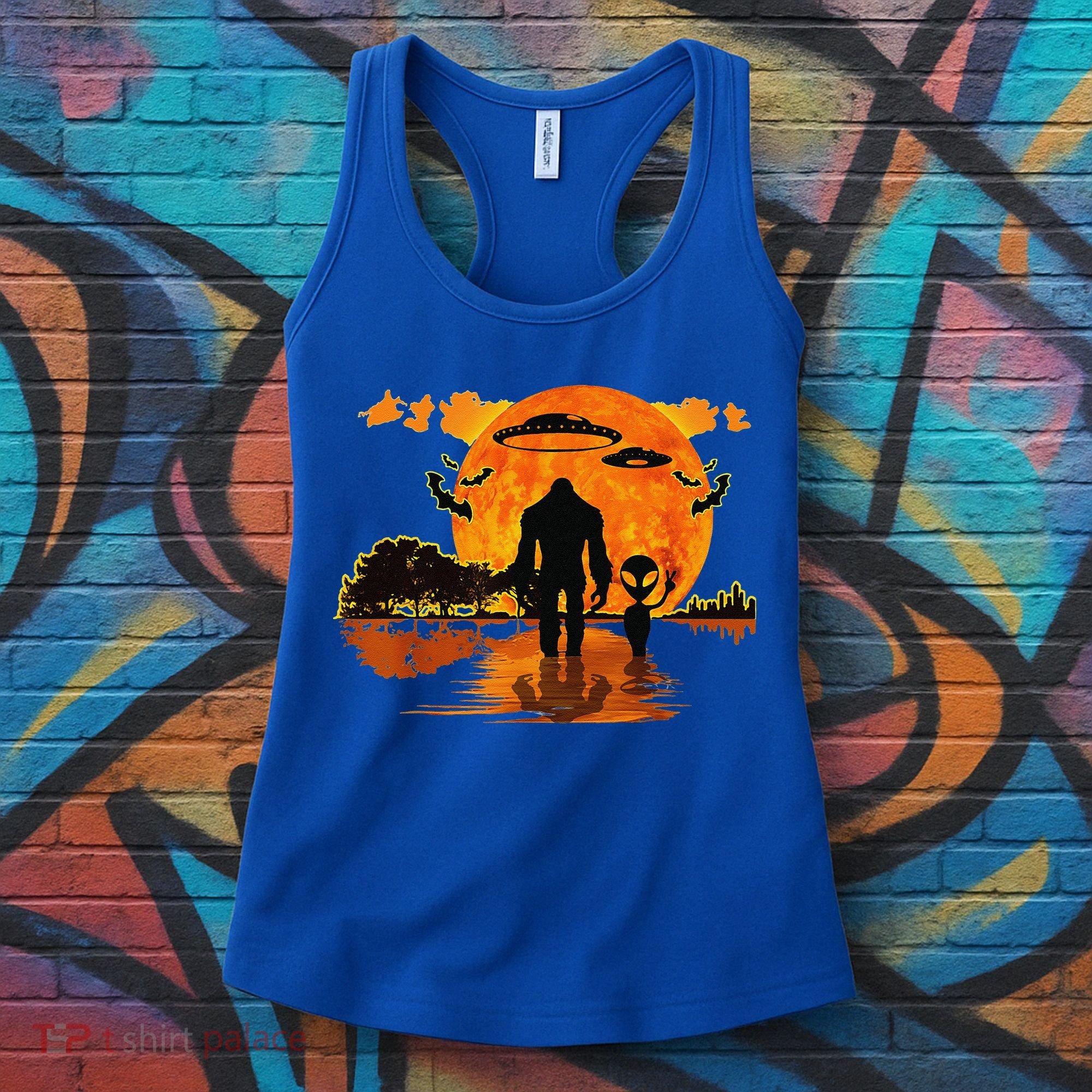 Alien And Bigfoot Sasquatch Moon Halloween Women's Tank Top