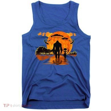 Alien And Bigfoot Sasquatch Moon Halloween Tank Top