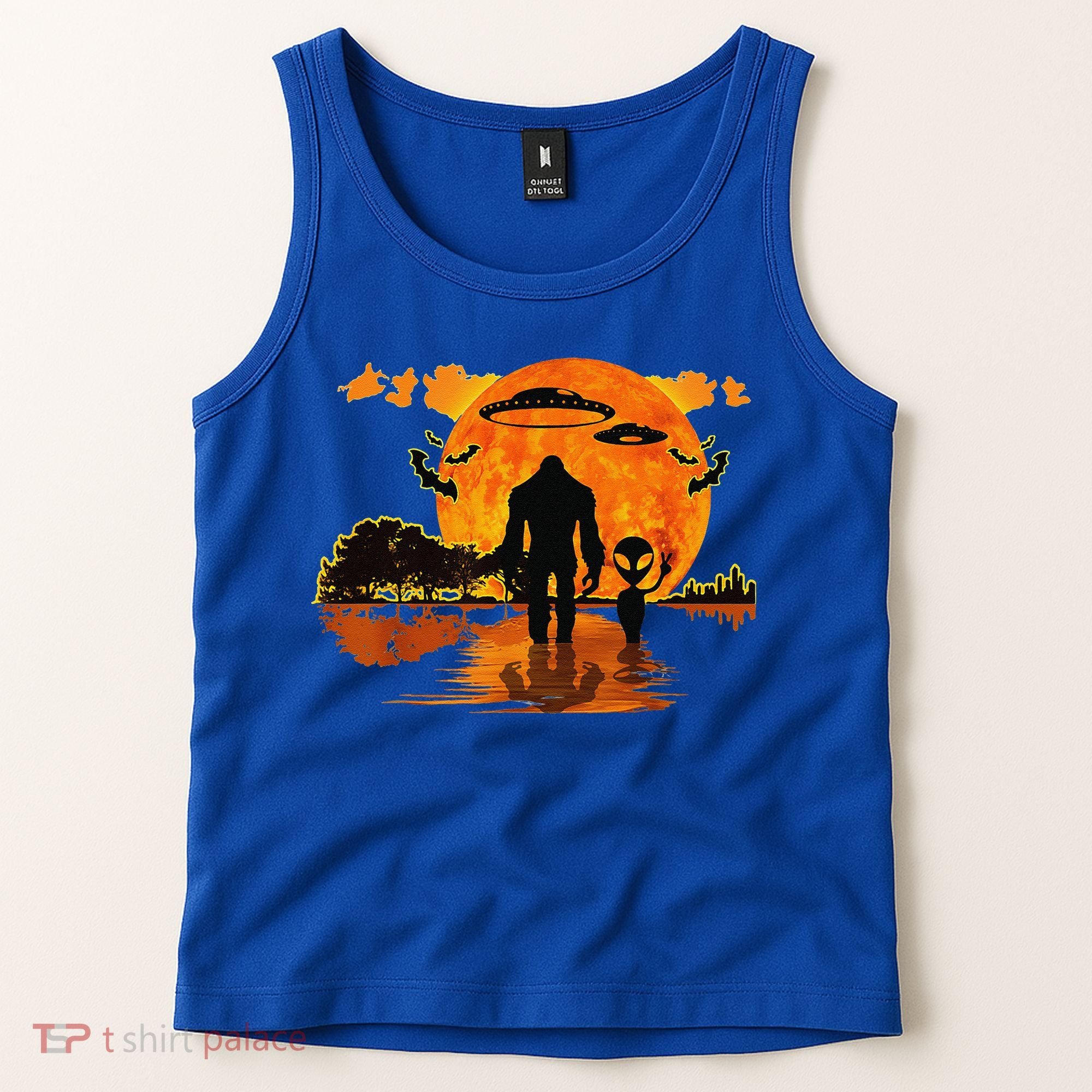 Alien And Bigfoot Sasquatch Moon Halloween Tank Top