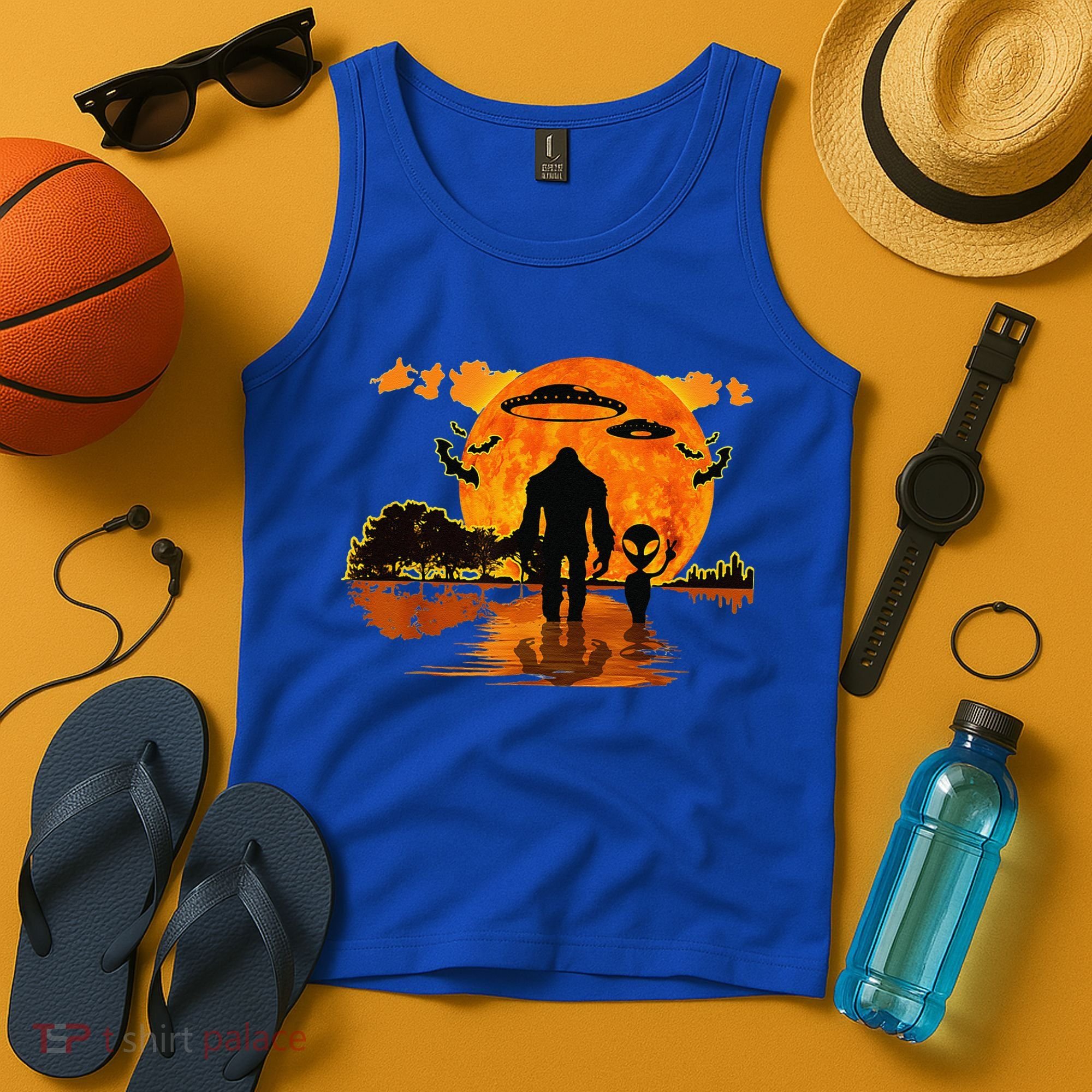 Alien And Bigfoot Sasquatch Moon Halloween Tank Top