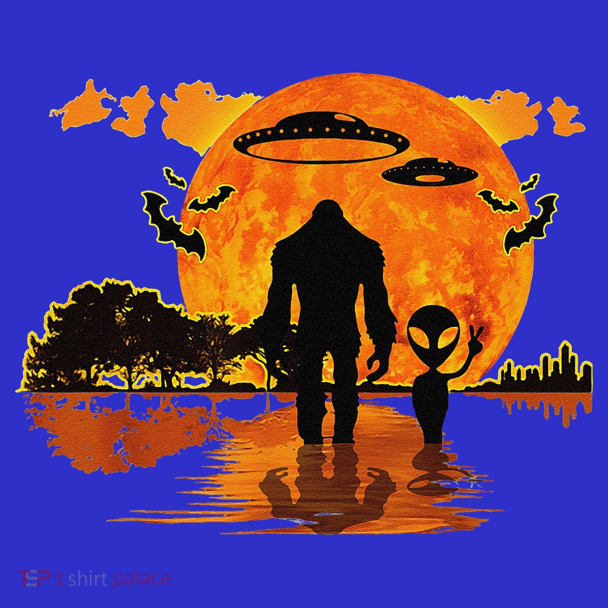 Alien And Bigfoot Sasquatch Moon Halloween Tank Top
