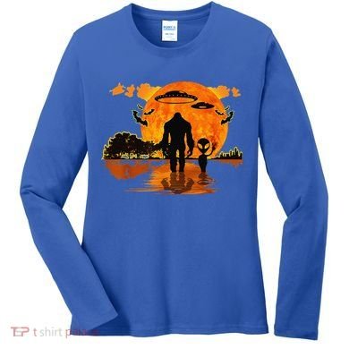 Alien And Bigfoot Sasquatch Moon Halloween Women's Long Sleeve Shirt