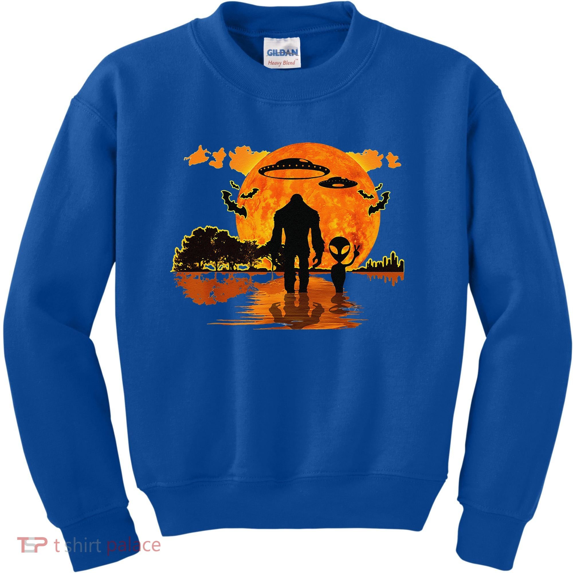 Alien And Bigfoot Sasquatch Moon Halloween Kids Sweatshirt