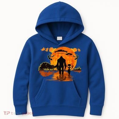 Alien And Bigfoot Sasquatch Moon Halloween Kids Hoodie
