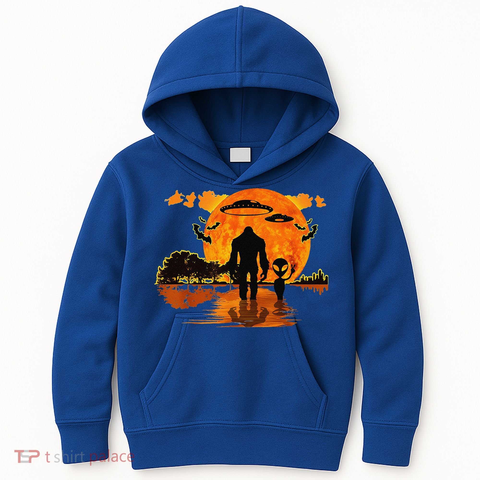 Alien And Bigfoot Sasquatch Moon Halloween Kids Hoodie
