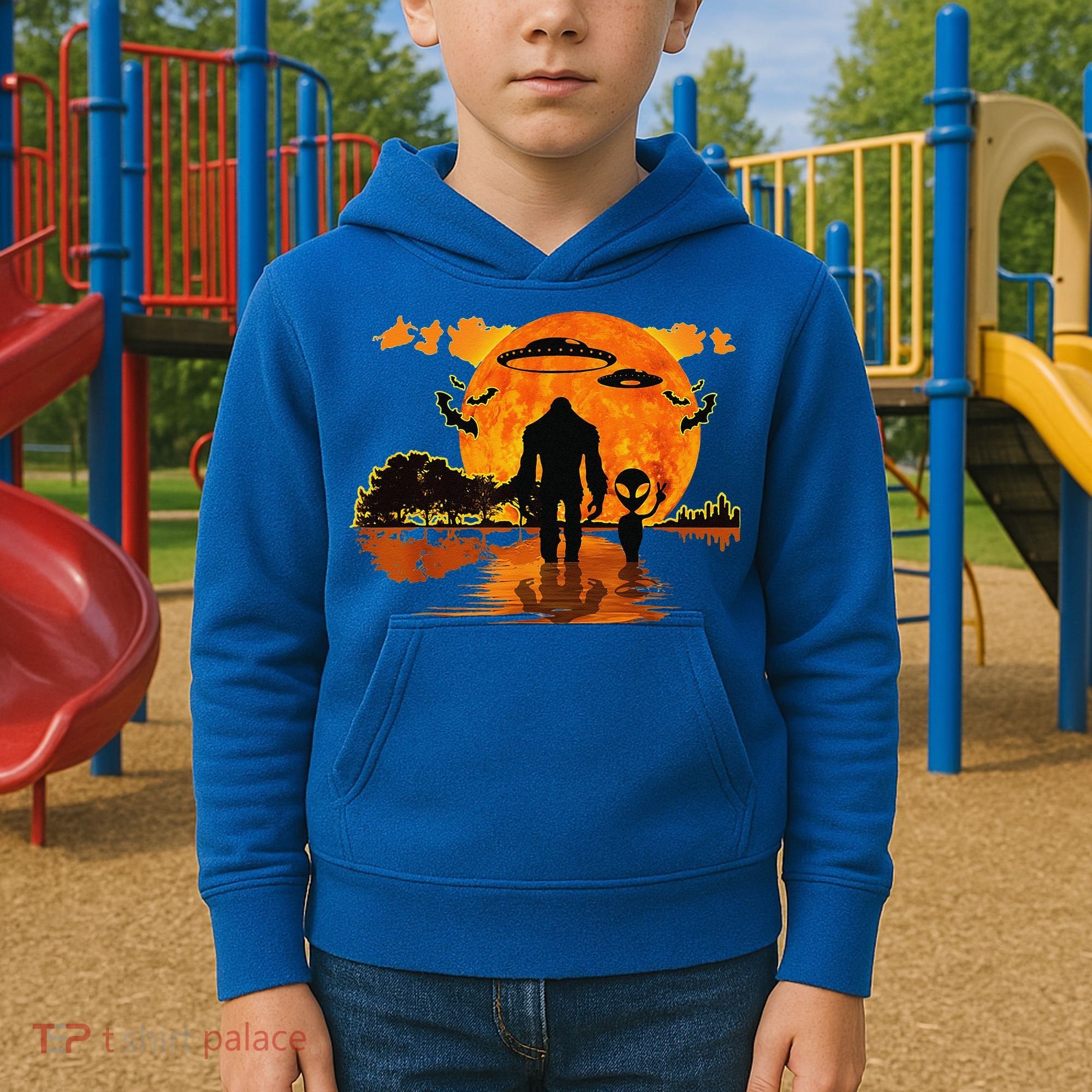 Alien And Bigfoot Sasquatch Moon Halloween Kids Hoodie