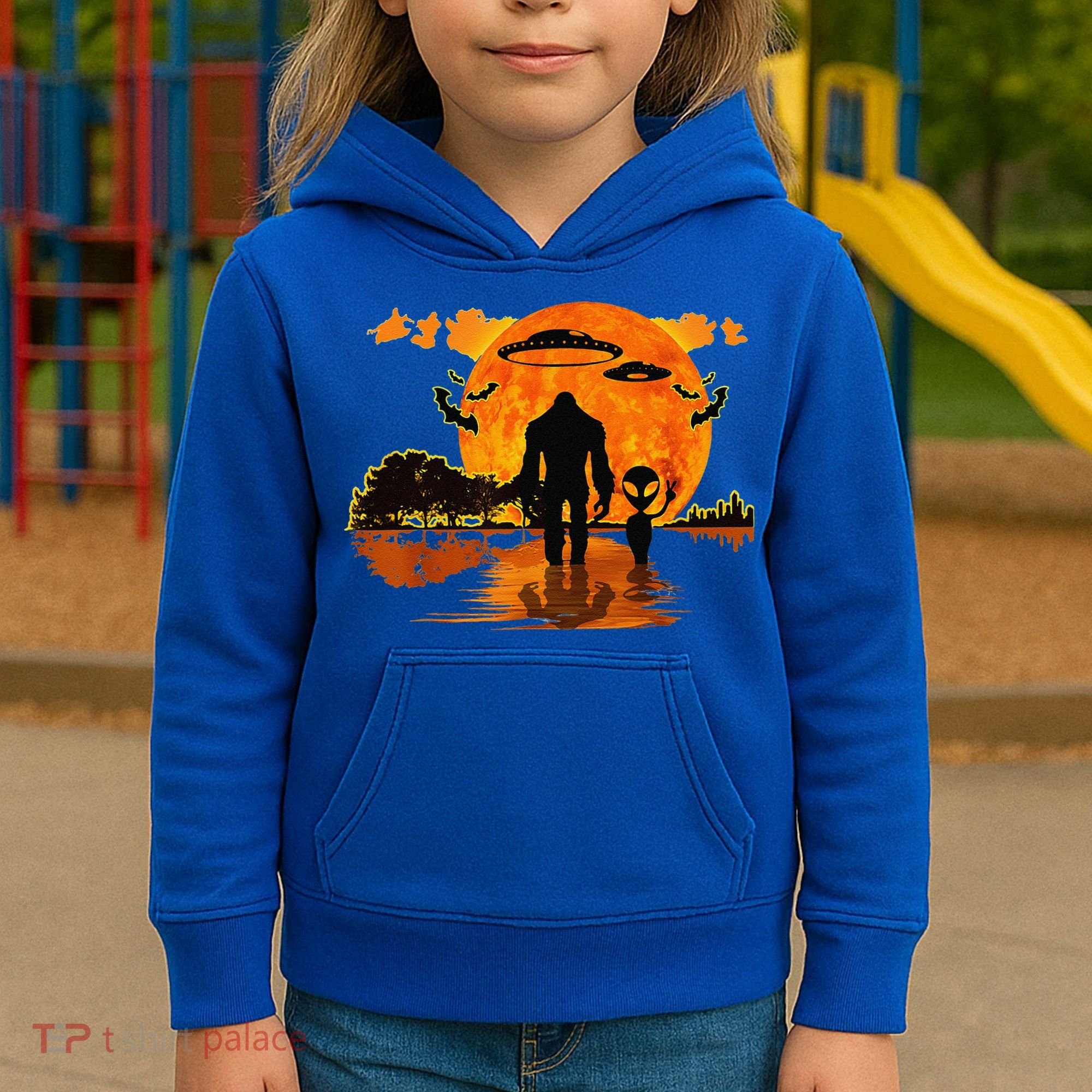 Alien And Bigfoot Sasquatch Moon Halloween Kids Hoodie