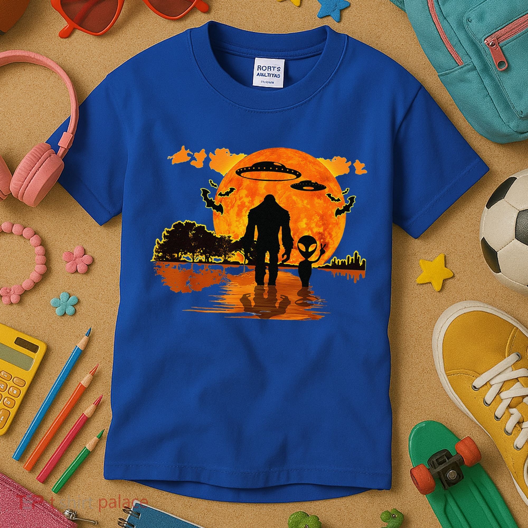 Alien And Bigfoot Sasquatch Moon Halloween Kids T-Shirt